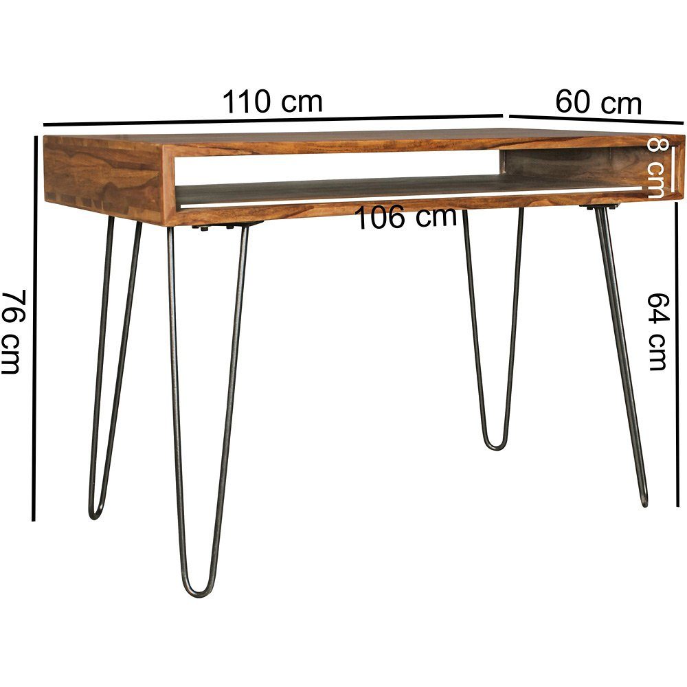 Schreibtisch, Sheesham 110/76/60cm Natur Holz, braun Massiv Landhaus Lomadox 110x60x76cm