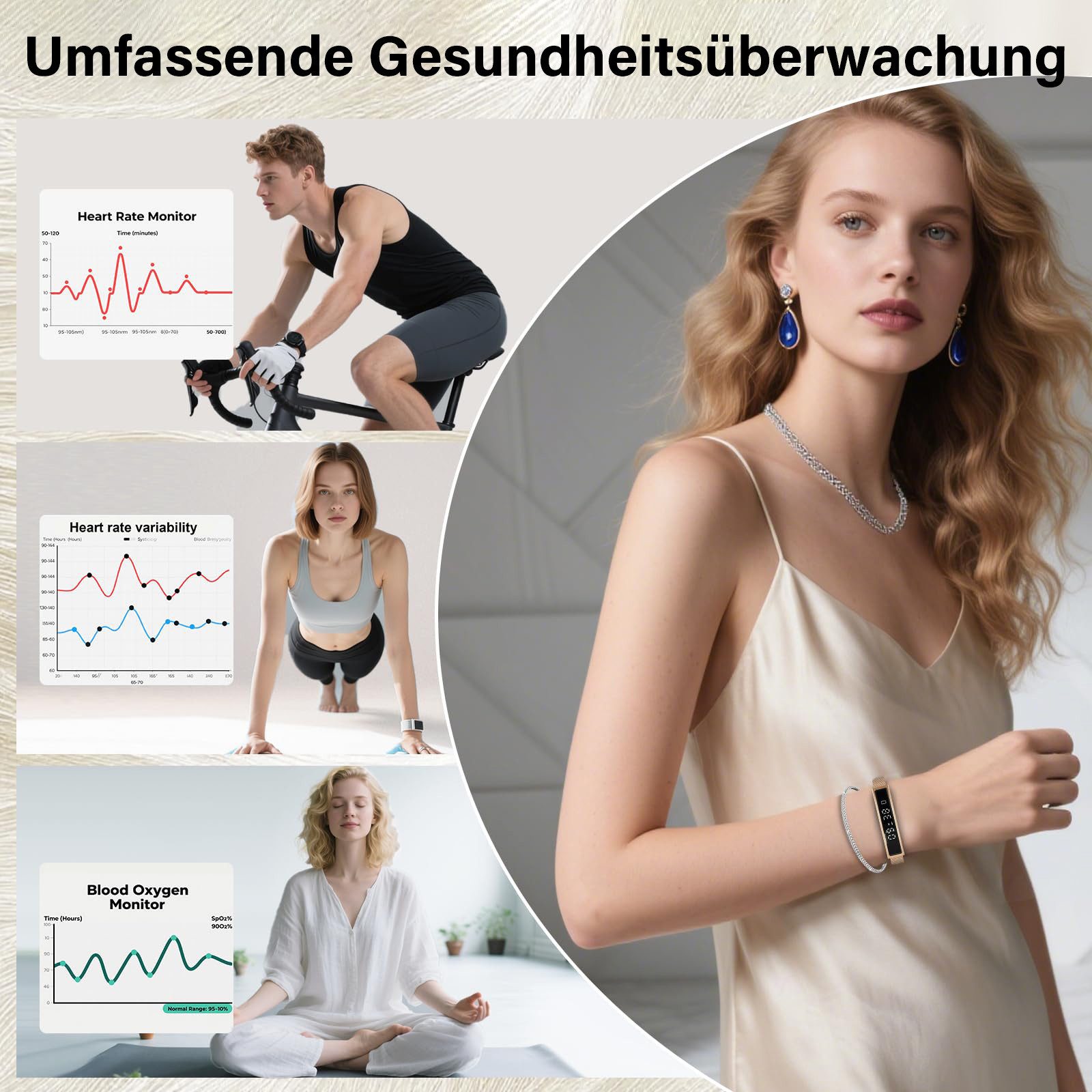 MOPUEA Fitness-Tracker Fitness Tracker Armband Herzfrequenz Schlafanalyse 12 Sportmodi (Fitnessarmband Set mit Wechselarmbändern, Smartband mit Metall Mesh und  – Bild 3 von 5