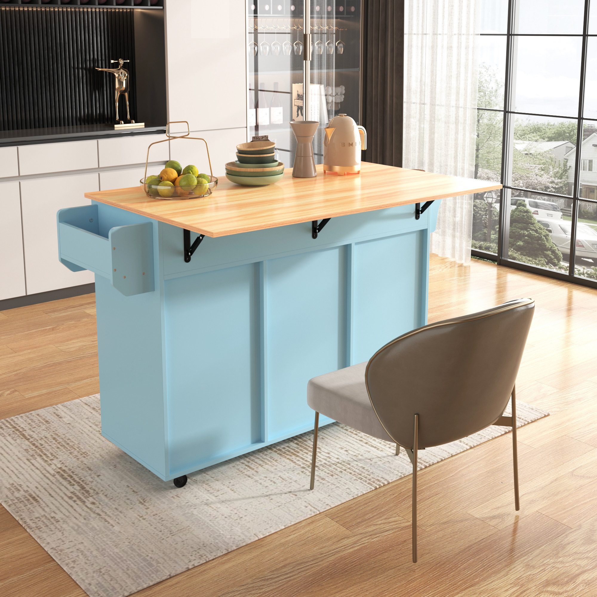HAUSS SPOLE Sideboard Küchenwagen Buffetschrank mit Rollen,klappbare Arbeitsplatte (Kücheninse, Servierwagen, Küchenschrank, 1 St., 5 Räder, 3 Tür), mit Ausziehbare Arbeitsplatte,Massivholzbeine umschaltbar