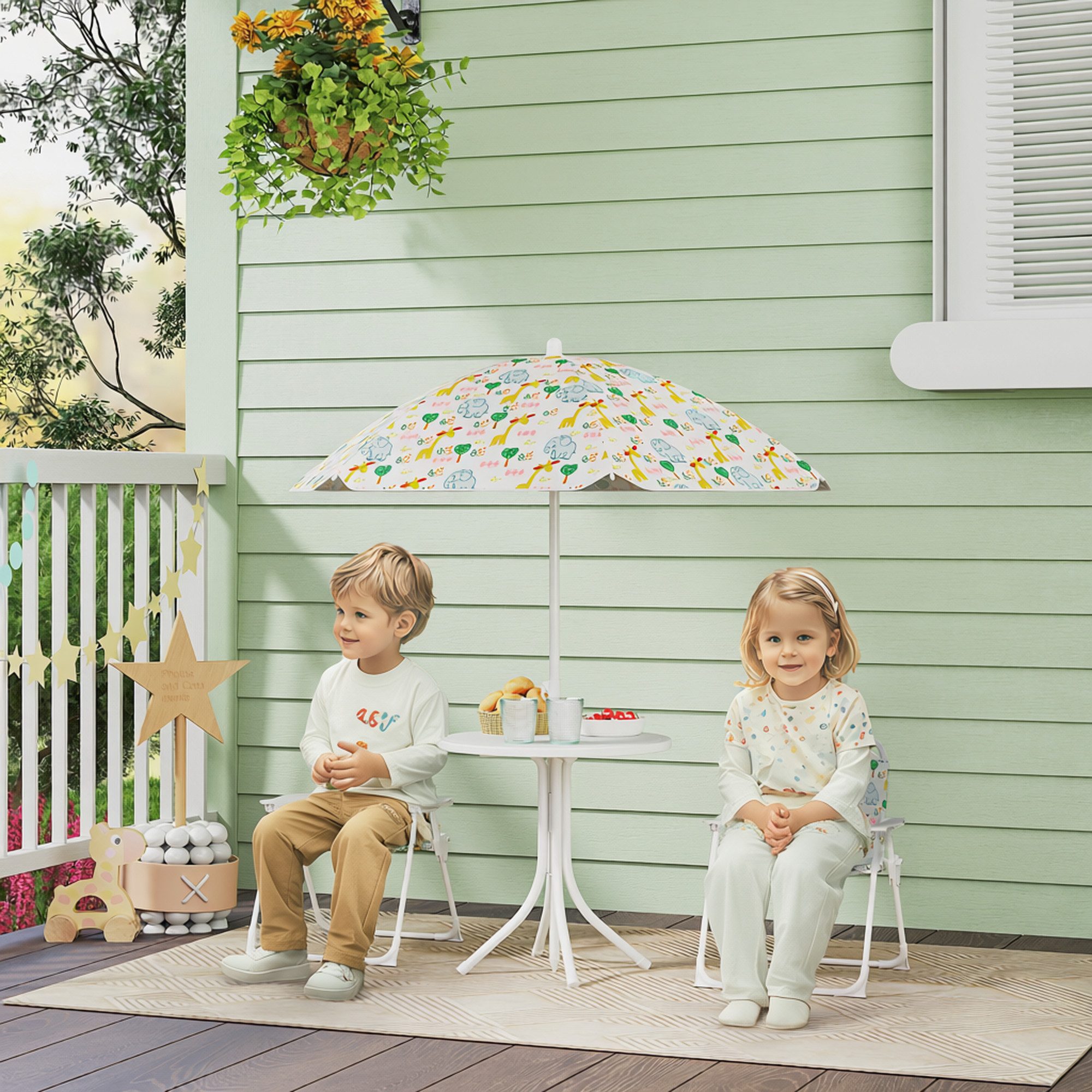 AIYAPLAY Garten-Kindersitzgruppe Sitzgruppe Outdoor Gartenmöbel für Strand, (Kindertisch mit 2 Klappstühlen, 4-tlg., Kindersitzgarnitur), für Kinder 2-5 Jahre, für Garten, Hinterhof, Terrasse