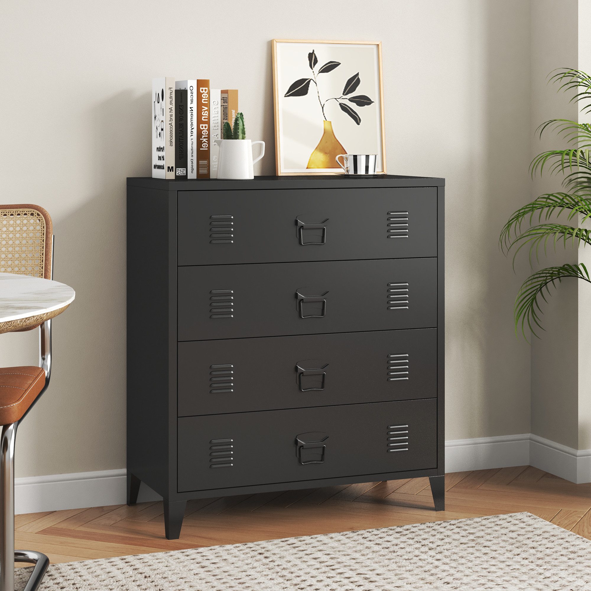 en.casa Mehrzweckschrank »Hämeenlinna« mit 4 Schubladen Stahl Schwarz günstig online kaufen