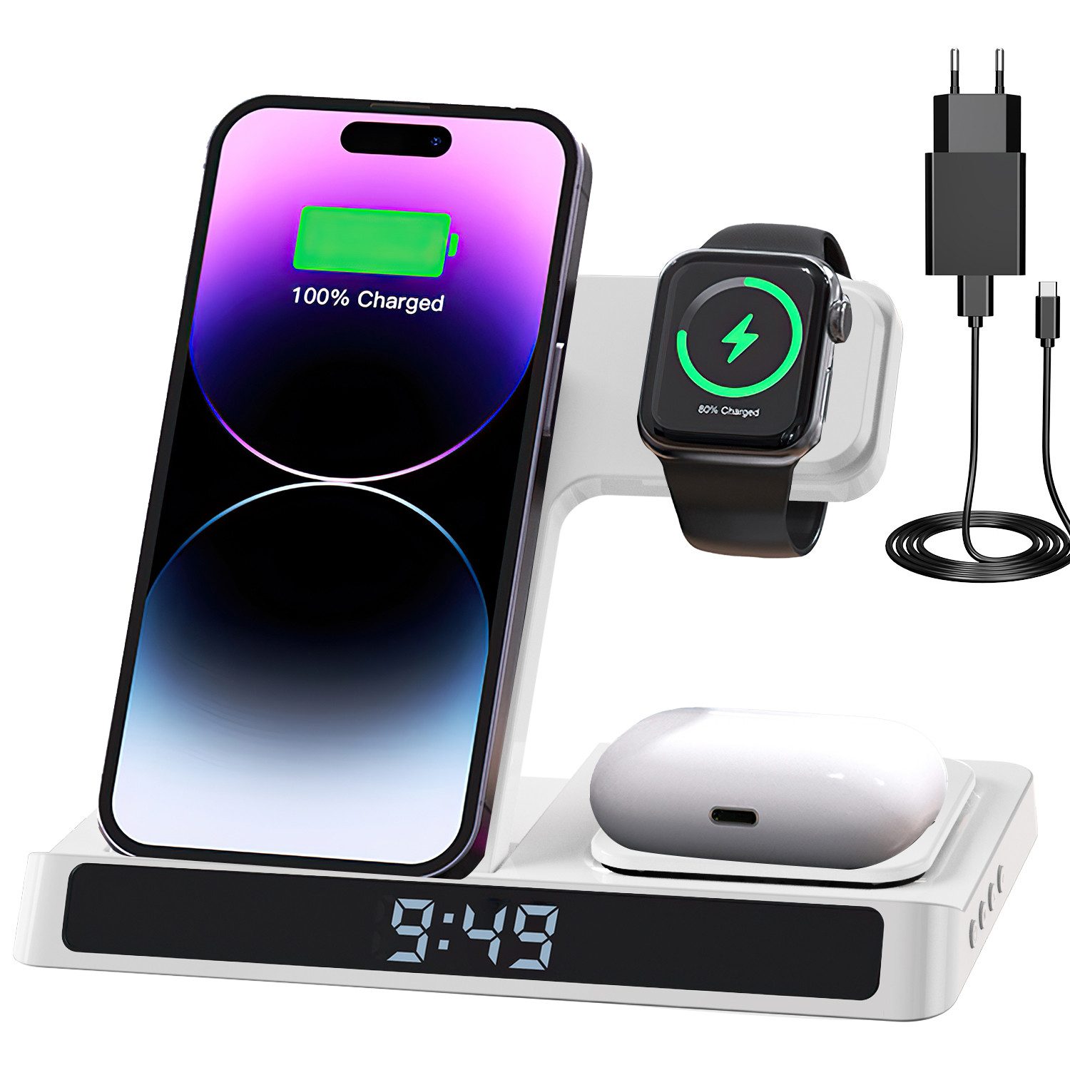 Comfy Mate Induktive Ladestation 4 in 1 Kabellose Ladegerät Wireless Charger Wireless Charger (Handy Charging Station mit USB Kabel)