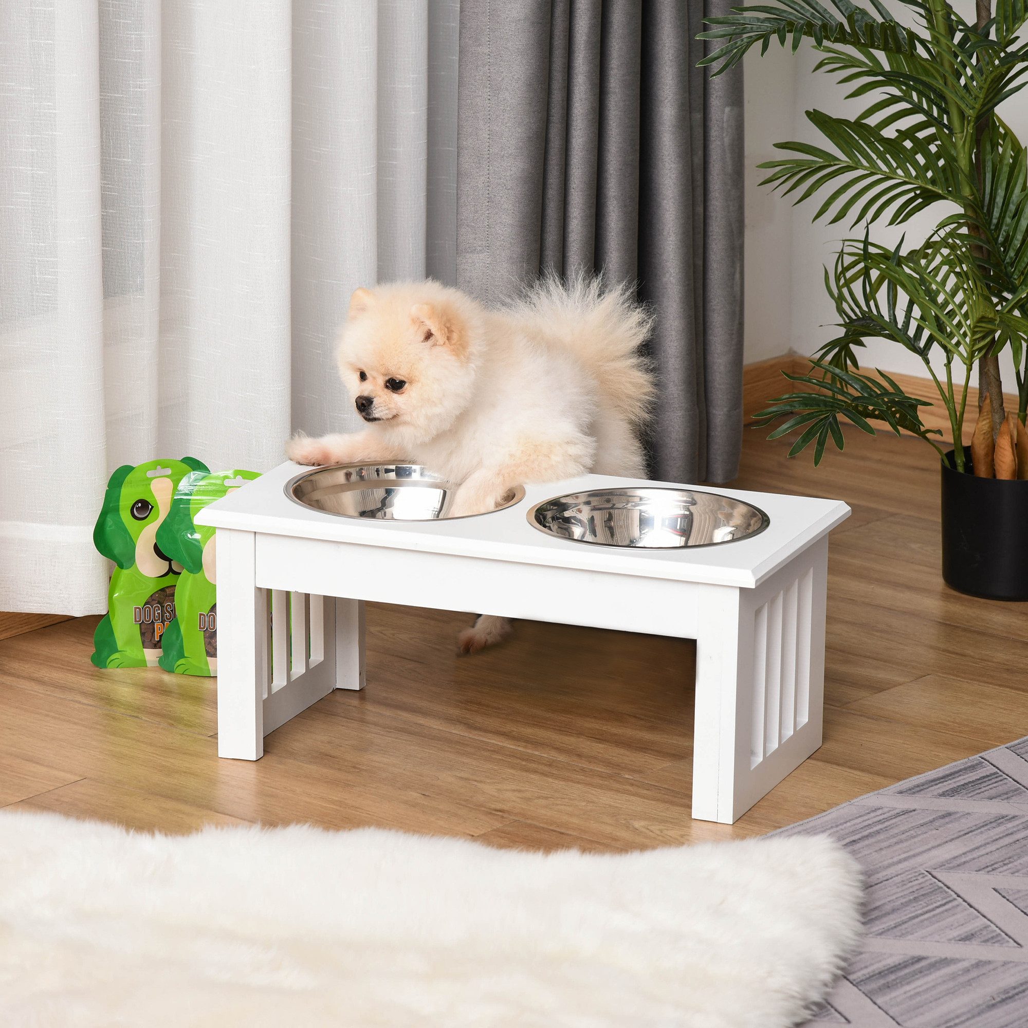 PawHut Futternapf Erhöhter Hundenapf mit 2 Näpfe Wassernapf 2 x 900ml, Edelstahl, mit Napfständer, für sehr kleine und kleine Hunde, Weiß