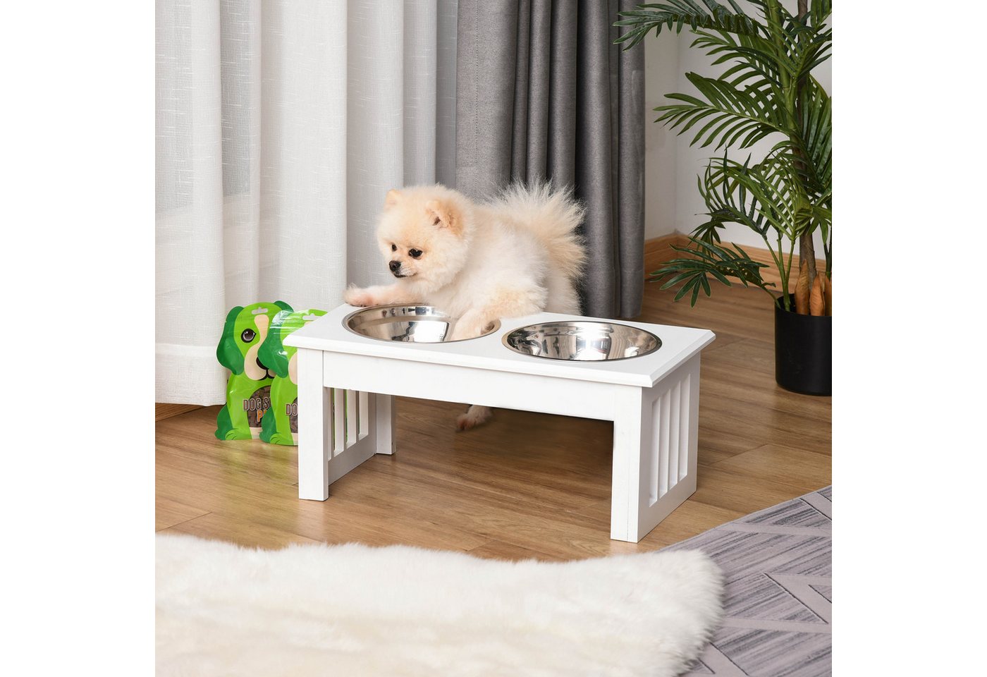 PawHut Futternapf Erhöhter Hundenapf mit 2 Näpfe Wassernapf 2 x 900ml, Edelstahl, mit Napfständer, für sehr kleine und kleine Hunde, Weiß