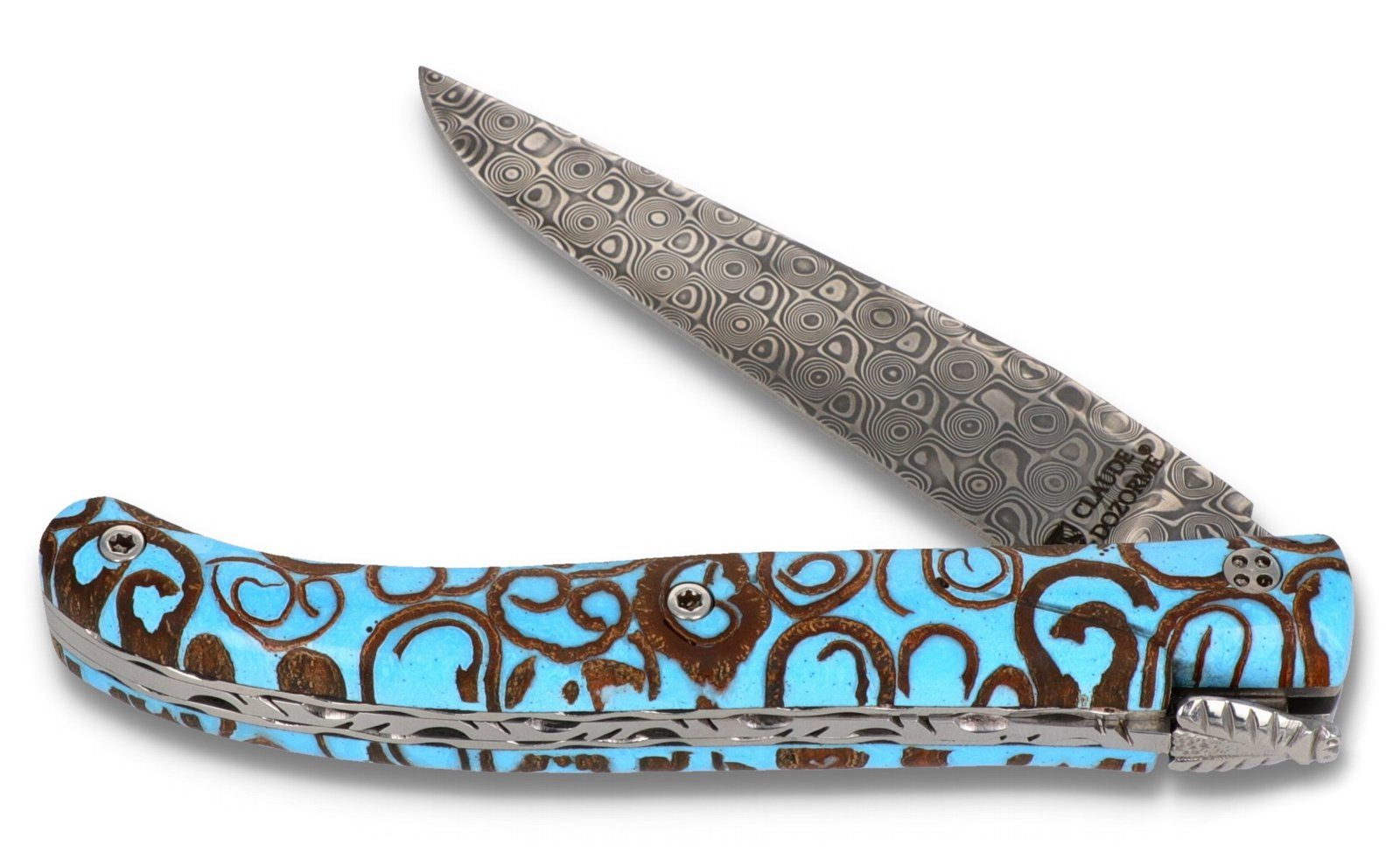 Claude Dozorme Taschenmesser 5.60.140.33CAD, Laguiole Damast - Griff 12cm Acryl/Zimt azurblau - Platine verziert