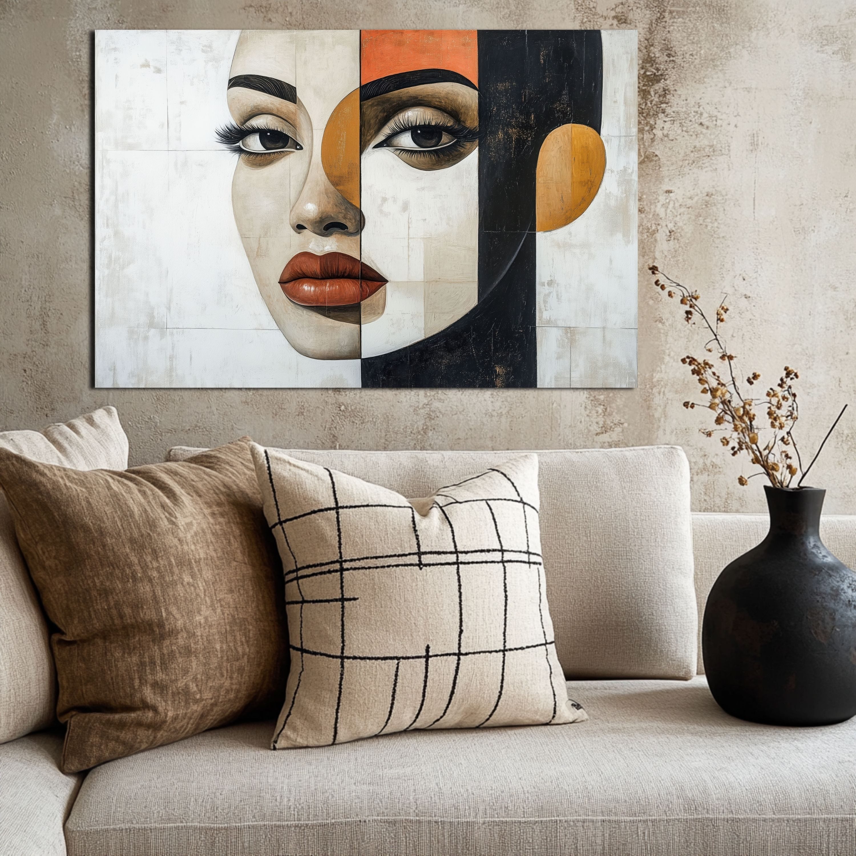 DARO Design Leinwandbild Modern Abstrakt Wandbilder XXL Wandbild Wand Deko Leinwand Bilder, (Frau Gesicht Abstrakt - Bild groß Wohnzimmer Schlafzimmer Küche Esszimmer Einteilig Querformat Fotodruck Leinwände Wanddeko Abstrakte Kunst Boho), 40x30cm