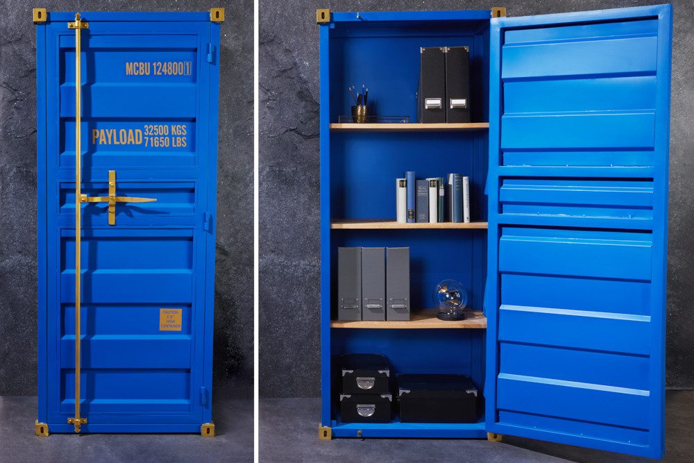 riess-ambiente Hochschrank GLOBETROTTER 180cm blau - Eisen, Mango, Container, Upcycling, Stauraum (Einzelartikel, 1-St) Handmade Aktenschrank - ideal für Industrial Büros & Arbeitszimmer