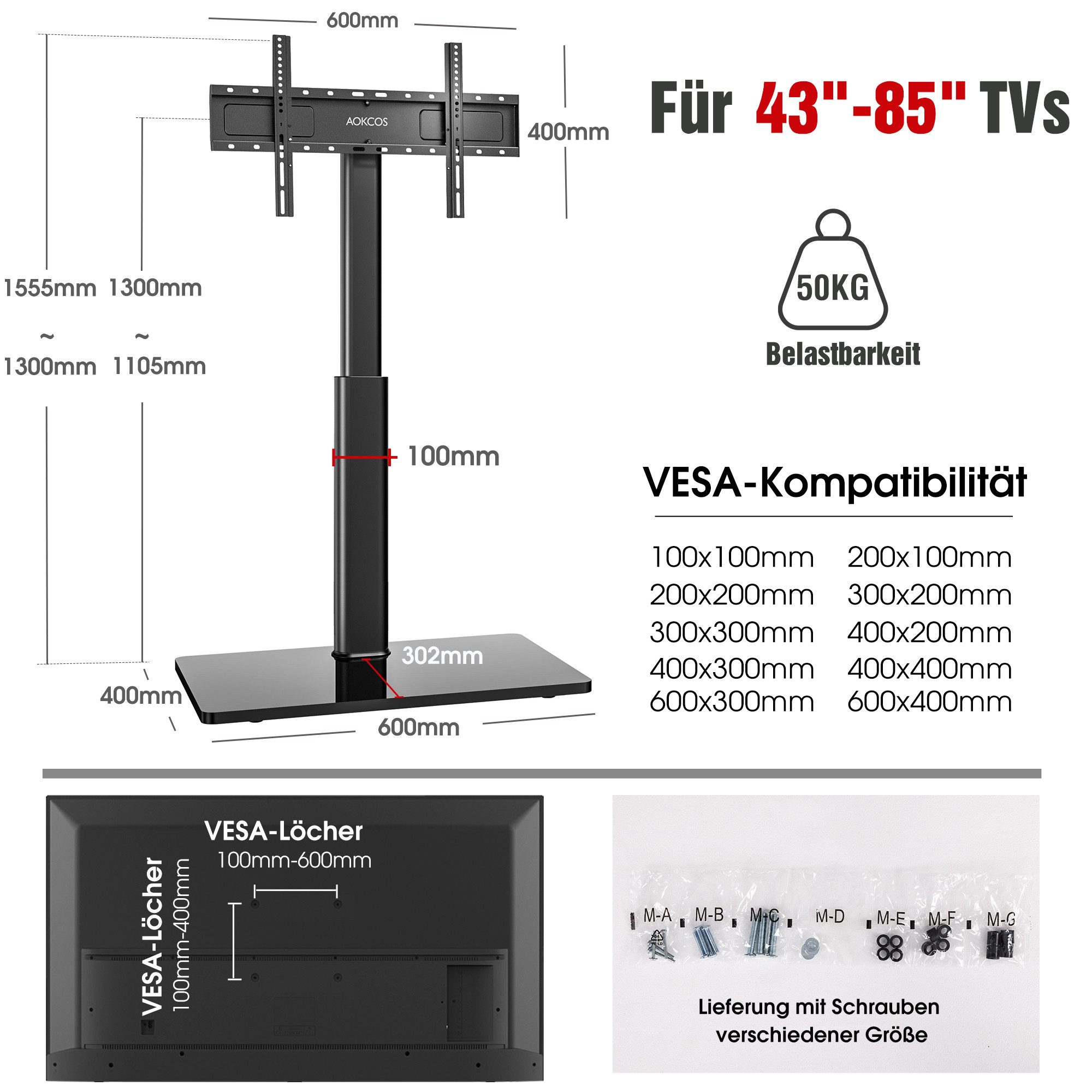 AOKCOS TV-Ständer, (bis 85 Zoll, Höhe 160cm)