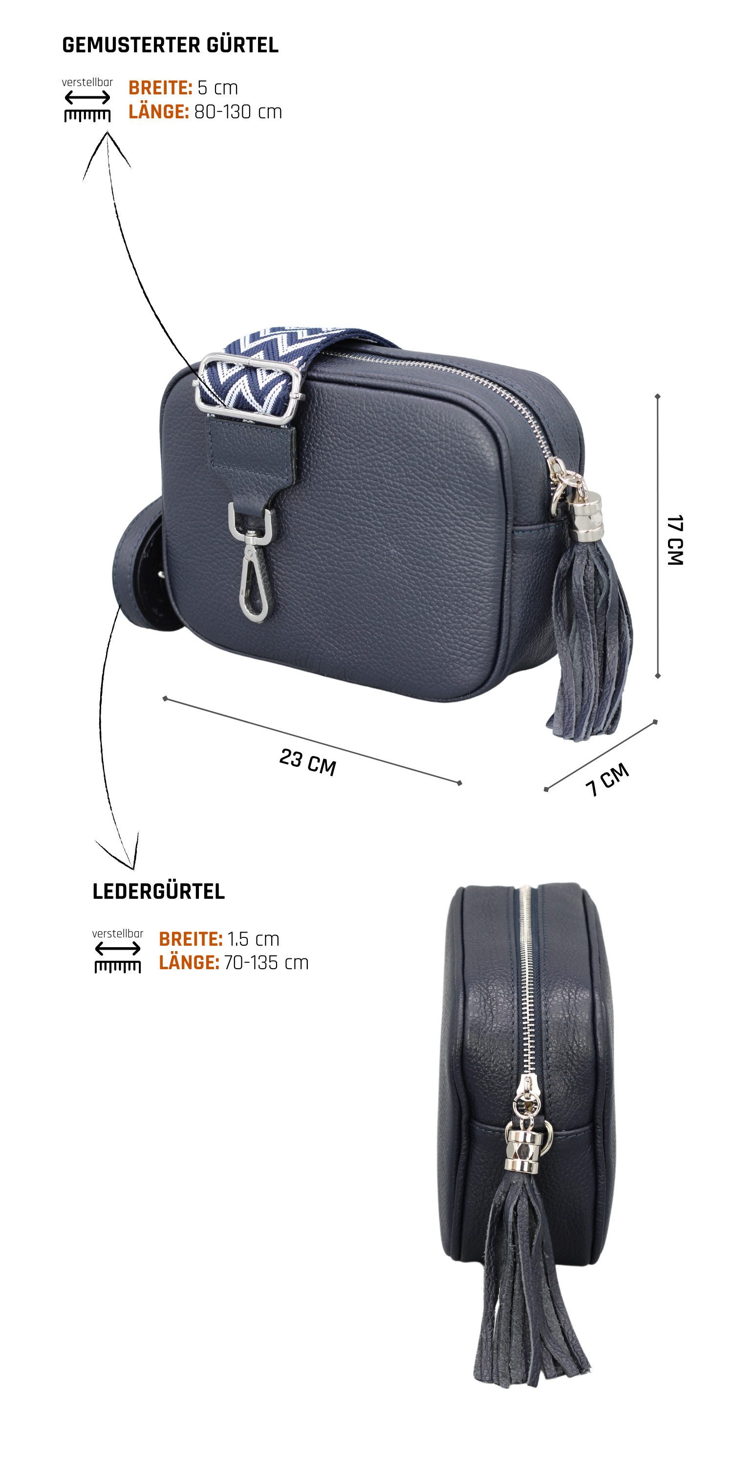 Adel Bags Schultertasche QUASTE Umhängetasche für Damen, Schultertasche, Crossbody Bag, aus echtem Leder, Hergestellt in Italien, mit gemustertem Gürtel