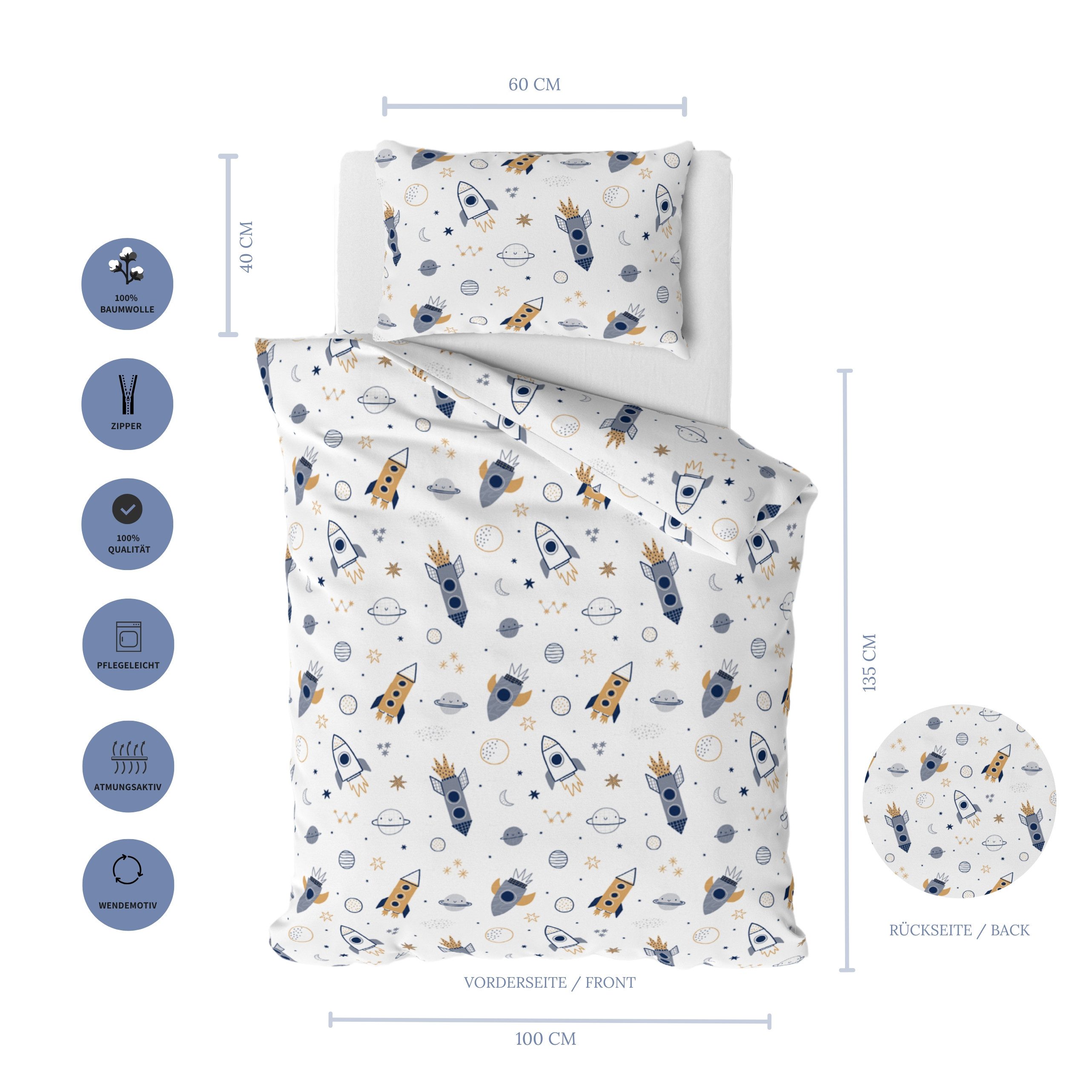 MTOnlinehandel Babybettwäsche 100x135 cm mit Raketen Motiv, 100% Baumwolle, 2 teilig, Angenehm weich und ideal für Babys und Kleinkinder