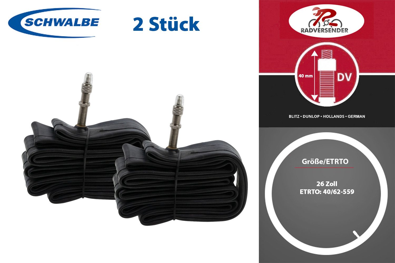 Fahrradschlauch 2 Stück 26 Zoll SCHWALBE Schlauch No.13 MTB 40/62-559 DV Blitz Ventil