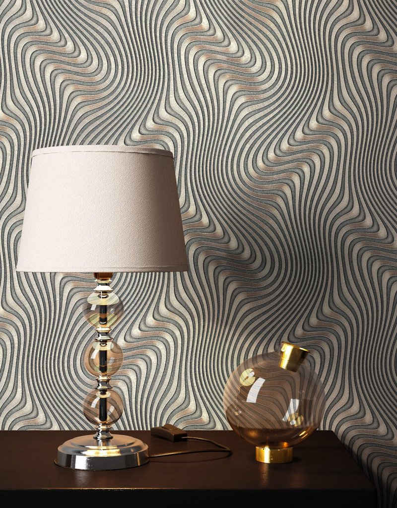 Newroom Vliestapete, Anthrazit Tapete Grafisch Leicht Glänzend - Mustertapete Grafiktapete Gold Geometrisch Modern Illusion Linien für Wohnzimmer Schlafzimmer Küche