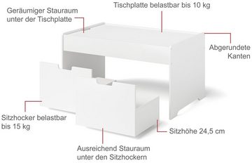 Bellabino Spieltisch Dadu, (1x Spieltisch mit Aufbewahrungsfach, 2x Sitzhocker mit Stauraum), weiß, aus strapazierfähigen Holzwerkstoff