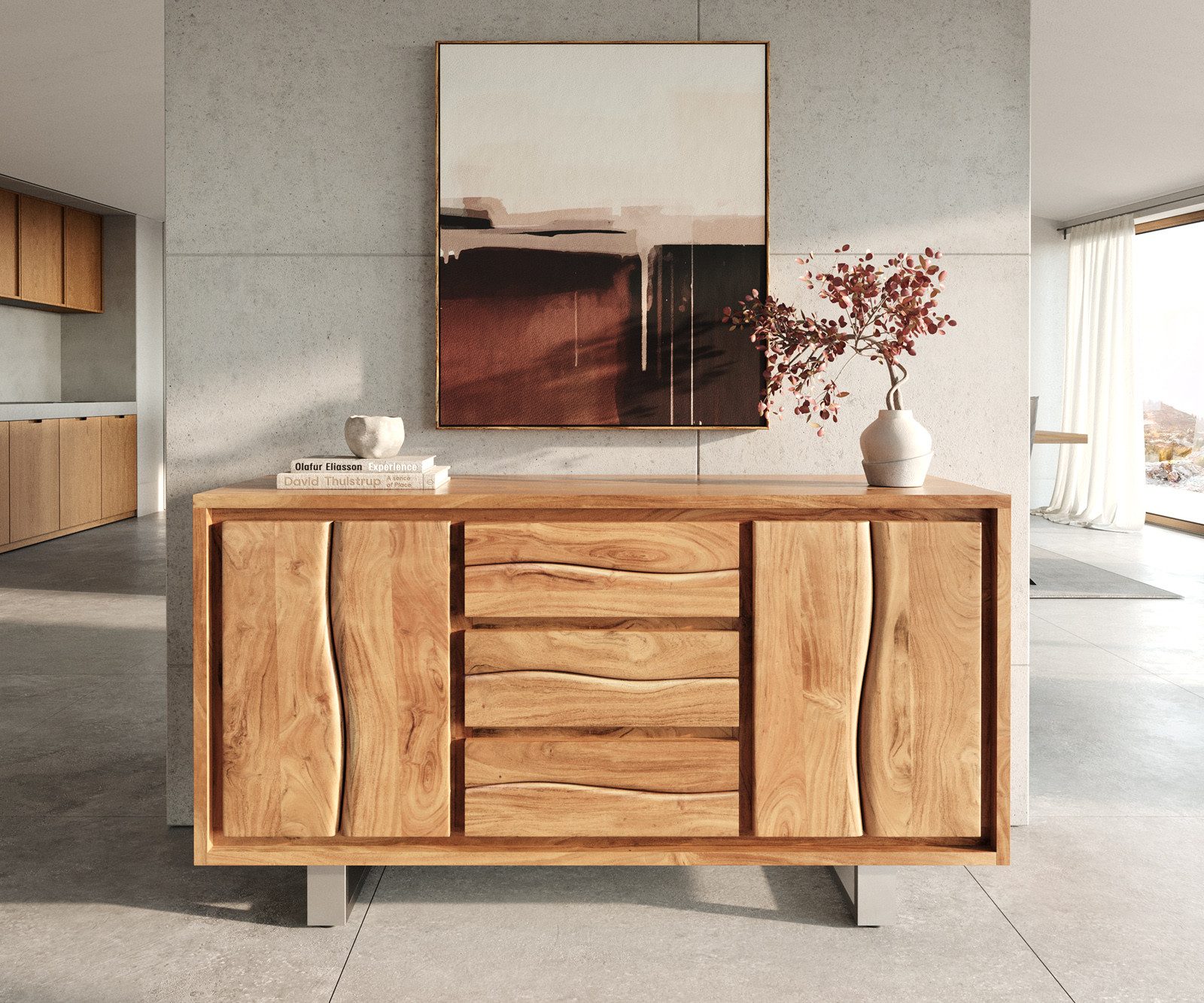 DELIFE Sideboard Live-Edge, Akazie Natur 147 cm 2 Türen 3 Schübe Baumkante Sideboard