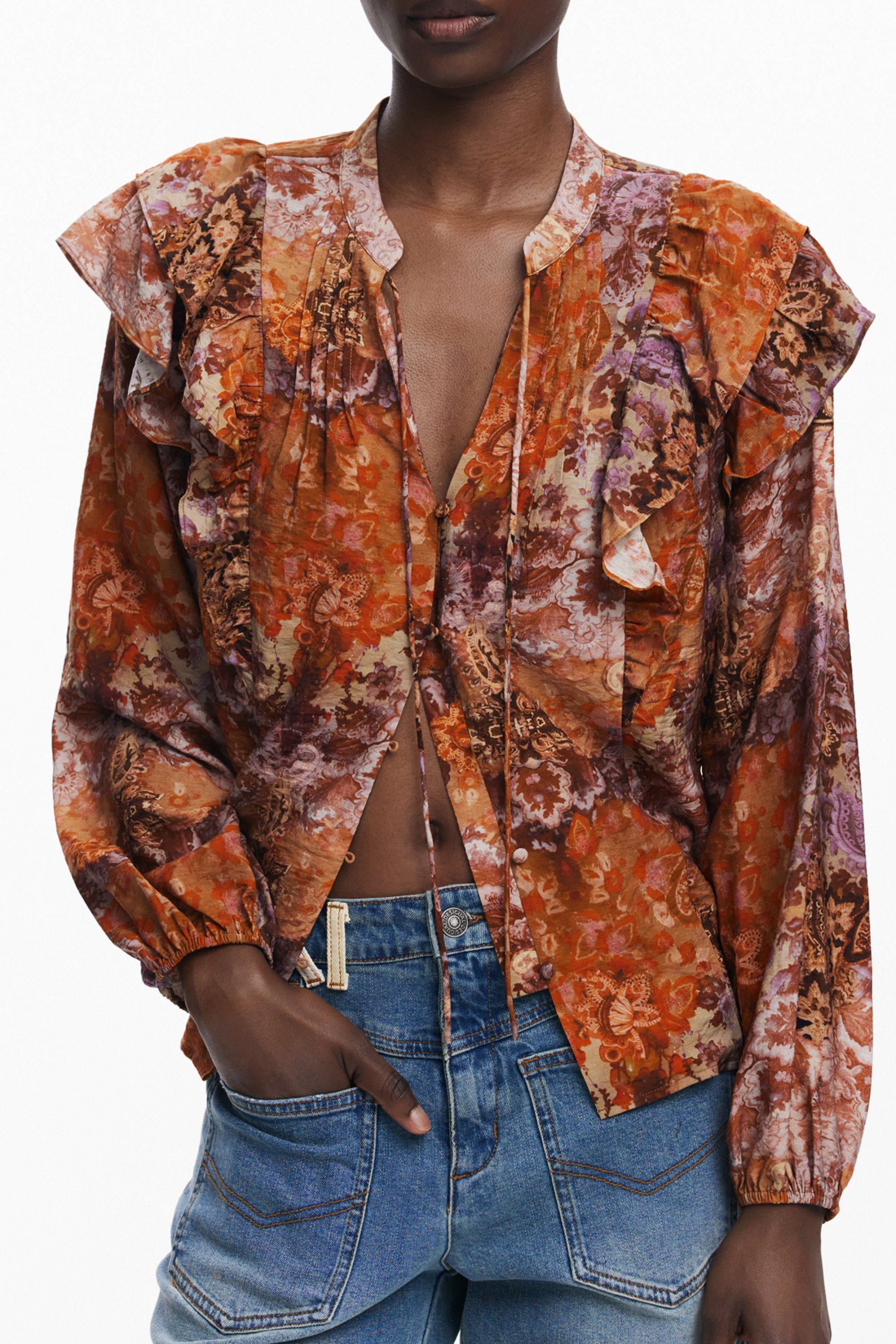 Desigual Blusenshirt Orange Damenbluse: Langärmelig, V-Ausschnitt &