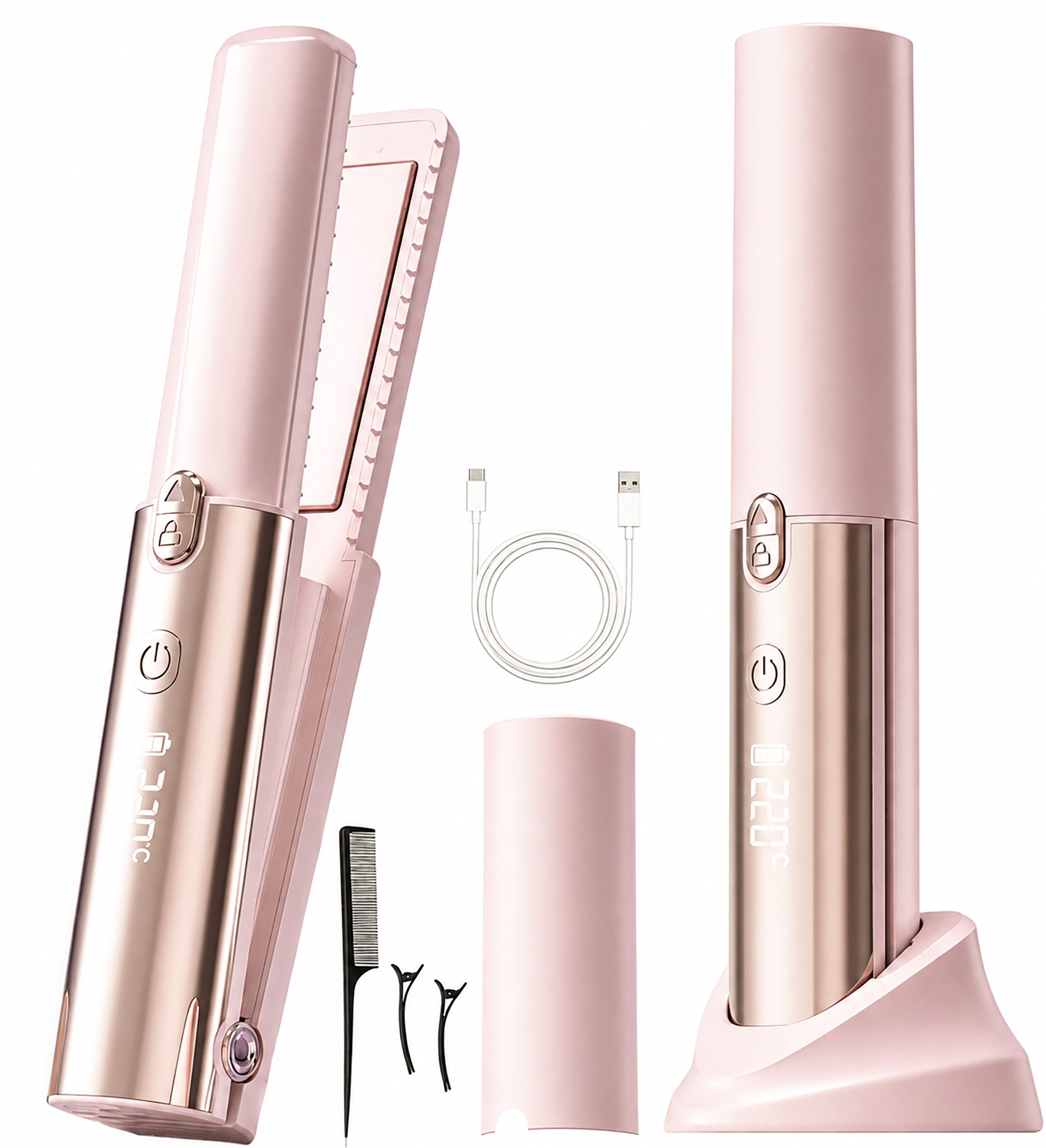 Luckice Glätteisen Kabelloser 2-in-1 Haarglätter & Lockenstyler, Mini-Reiseglätteisen, 160–220 °C, USB-C,5 Temperaturstufen und Schnellheizung, für alle Haartypen geeignet