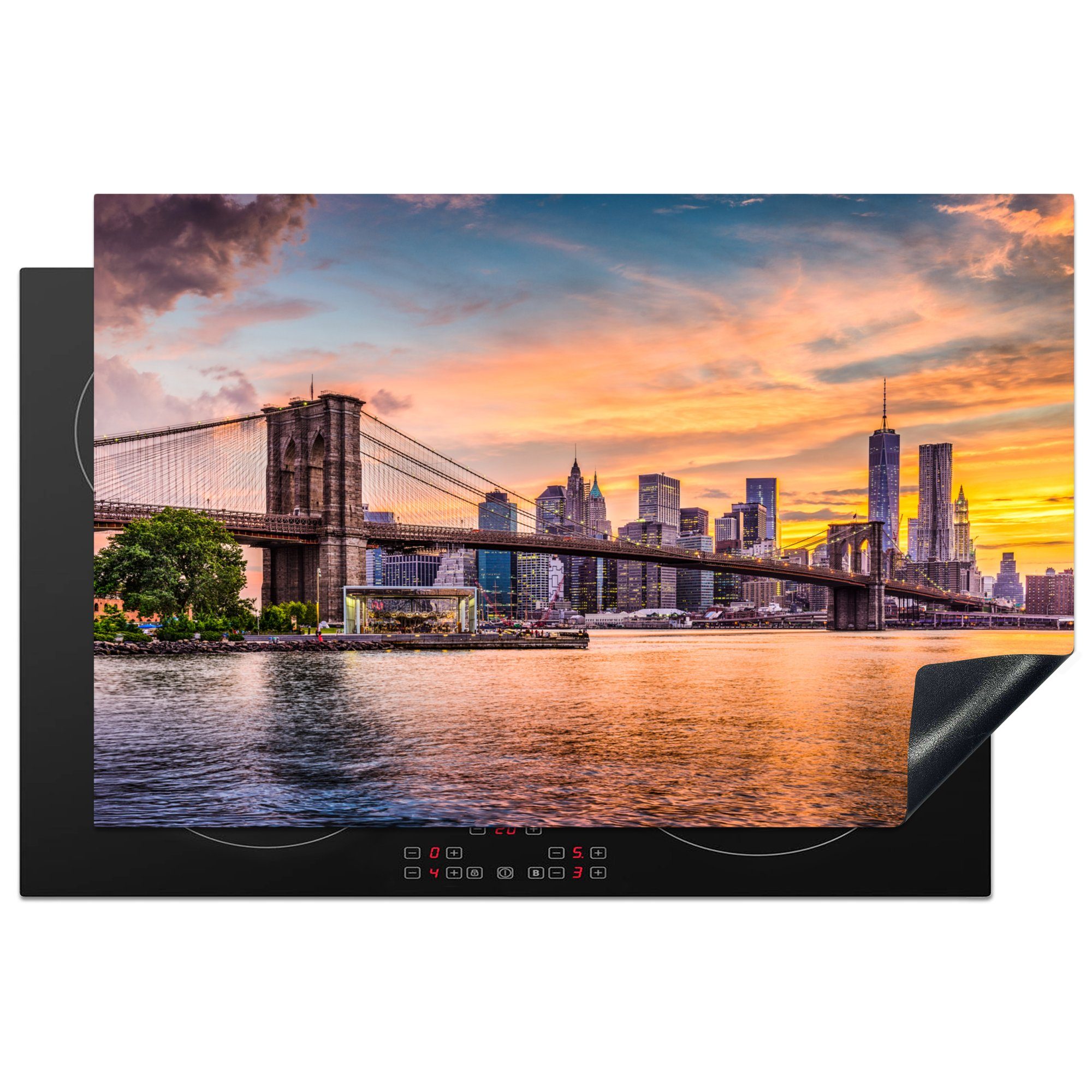 MuchoWow Herdblende-/Abdeckplatte New York - Brooklyn Bridge - Wolken, Vinyl, (1 tlg), 81x52 cm, Induktionskochfeld Schutz für die küche, Ceranfeldabdeckung