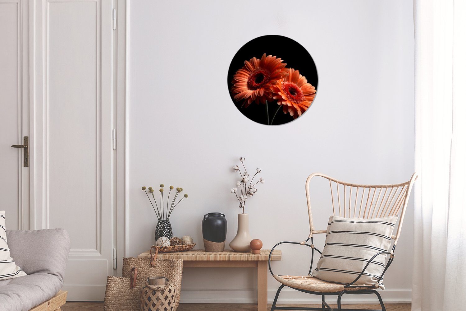 Wohnzimmer, Schwarz, cm - Kreis Gerbera Wanddekoration MuchoWow St), - - Orange - Wandbild, Blumen Gemälde 30x30 Rundes Botanisch Forex, (1