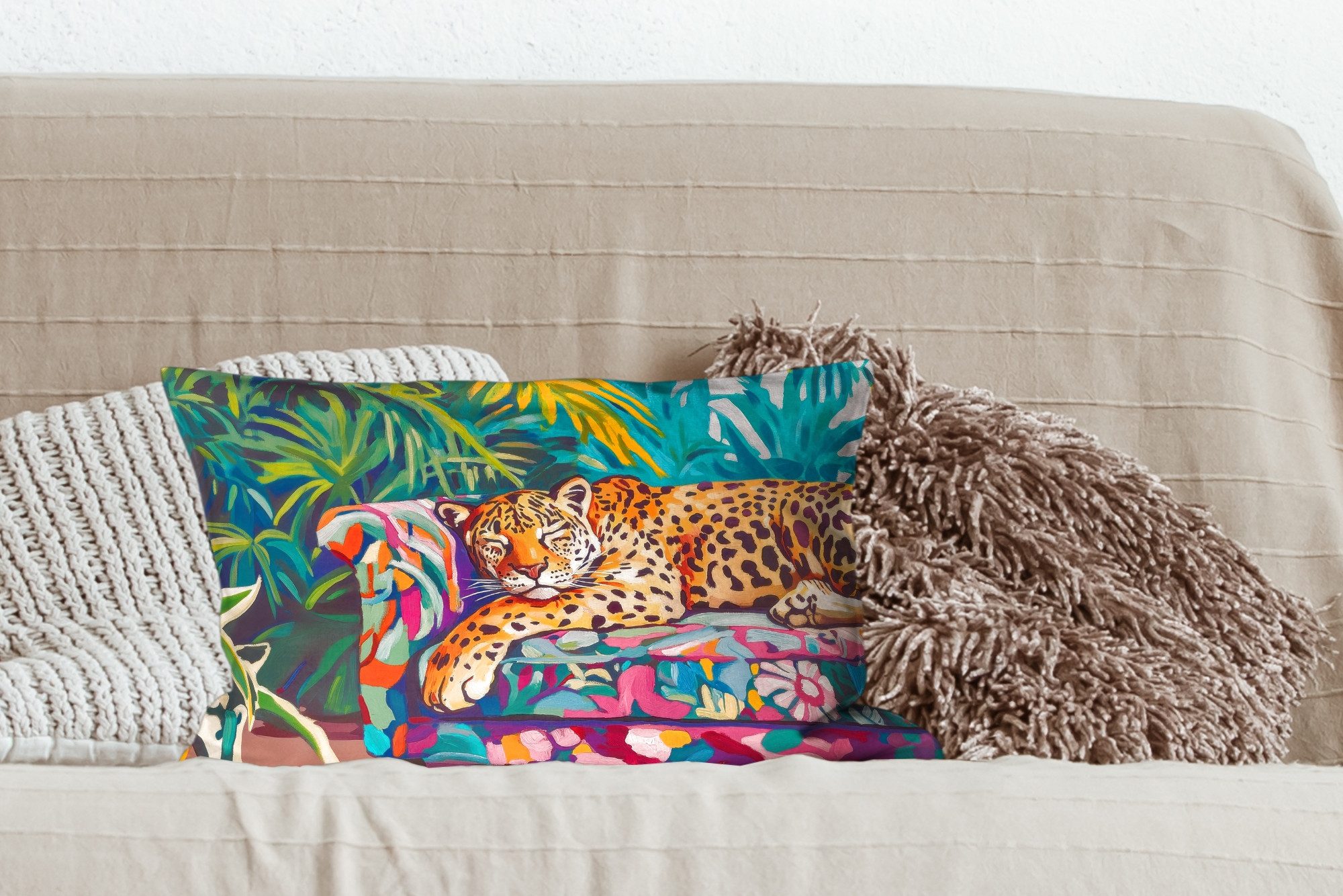 MuchoWow Dekokissen Leopard - Bunt - Tropisch, Dekoration, Zierkissen, Kissen mit Füllung, 50x30 cm