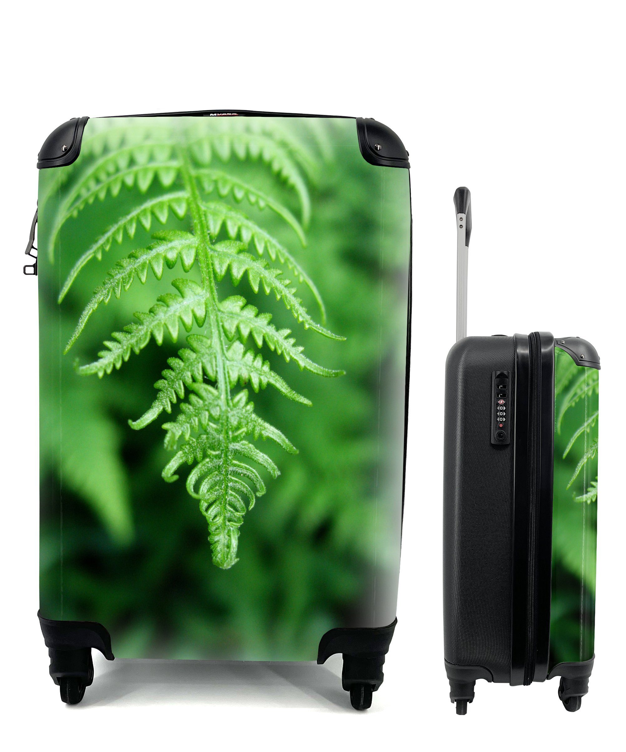 MuchoWow Handgepäckkoffer Grüne Blätter eines Farns vor einem verblassten Hintergrund, 4 Rollen, Reisetasche mit rollen, Handgepäck für Ferien, Trolley, Reisekoffer
