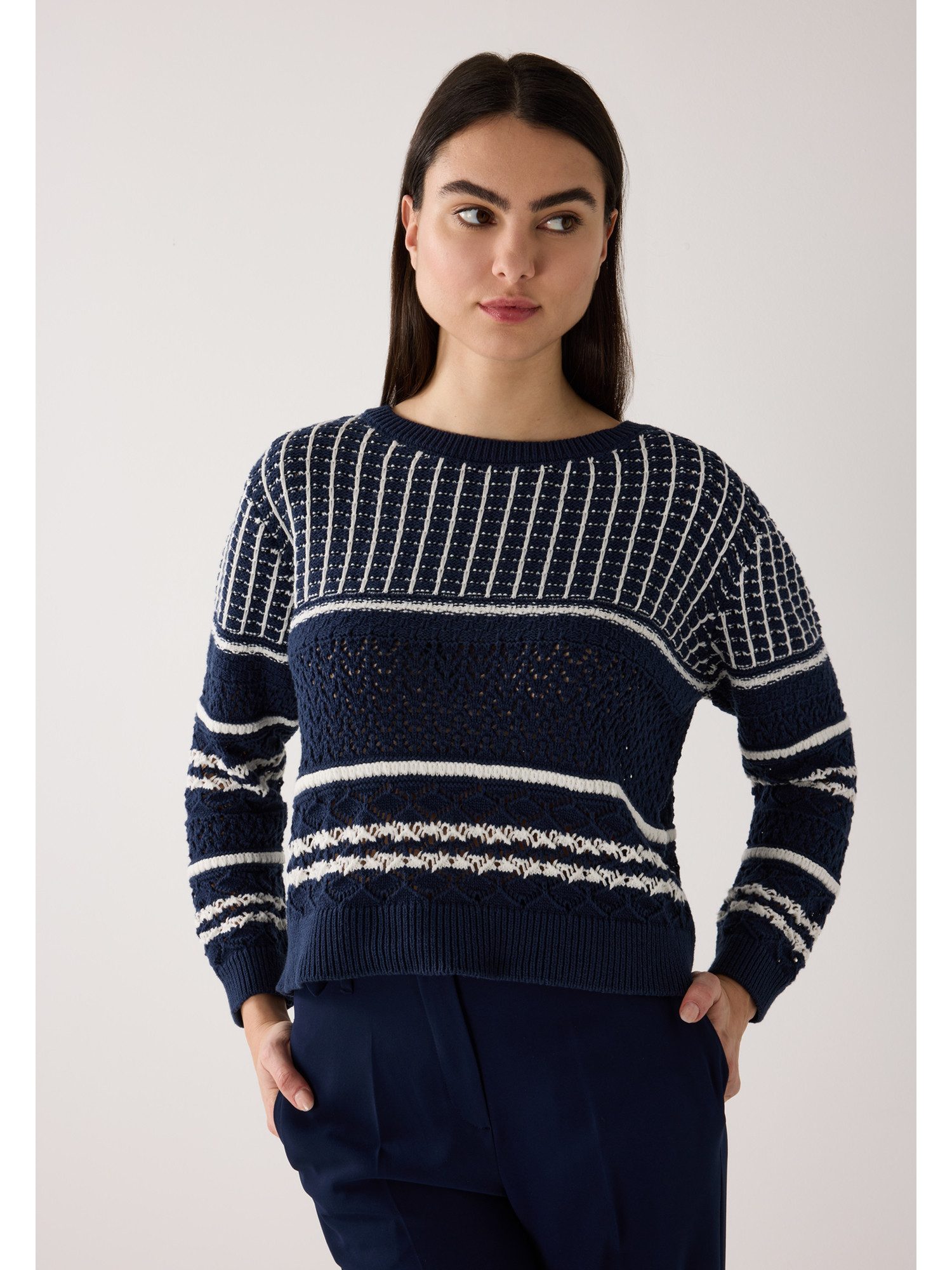 MORE&MORE Rundhalspullover leichter Ajour-Pullover,Streifenmix