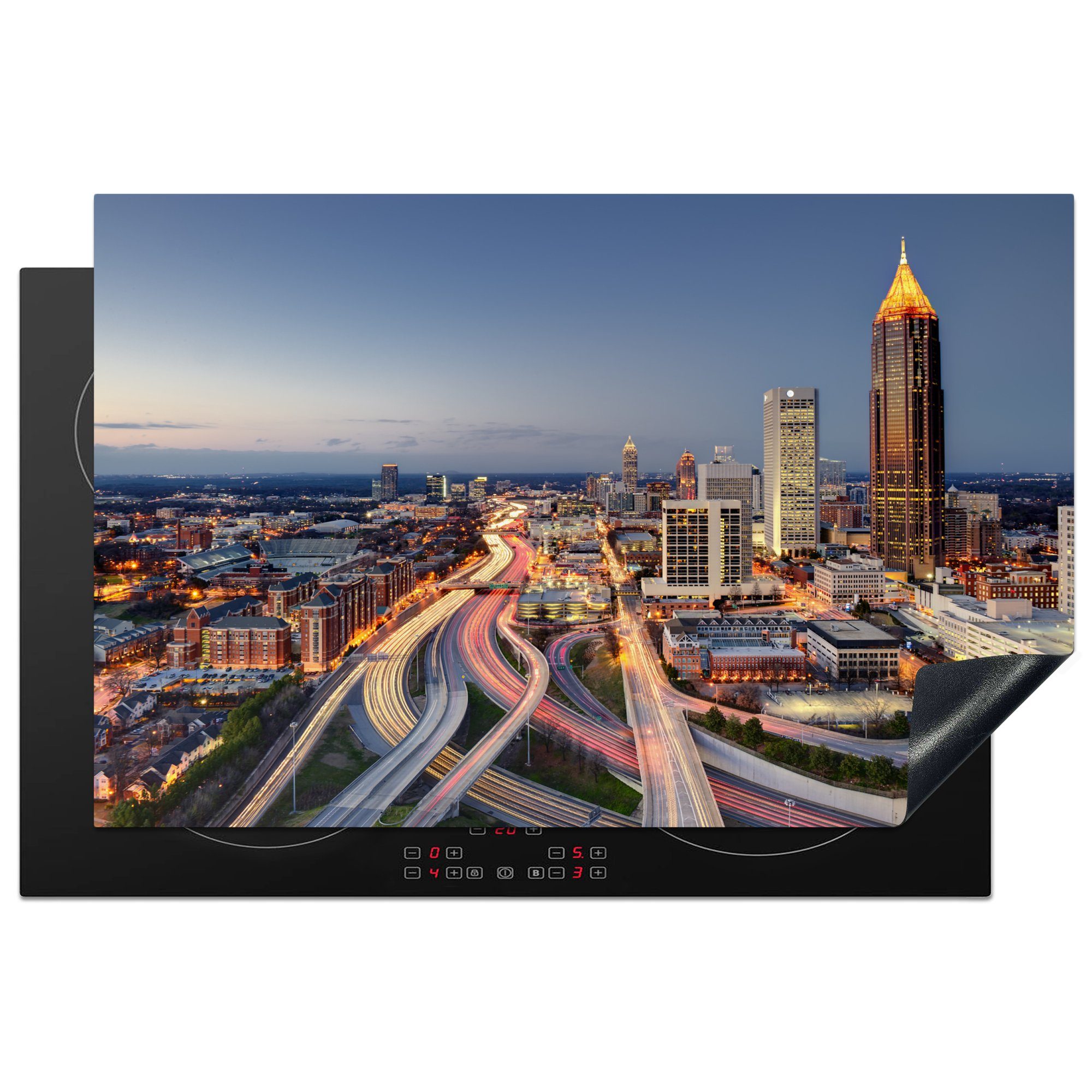 MuchoWow Herdblende-/Abdeckplatte Atlanta - Skyline - Licht, Vinyl, (1 tlg), 81x52 cm, Induktionskochfeld Schutz für die küche, Ceranfeldabdeckung