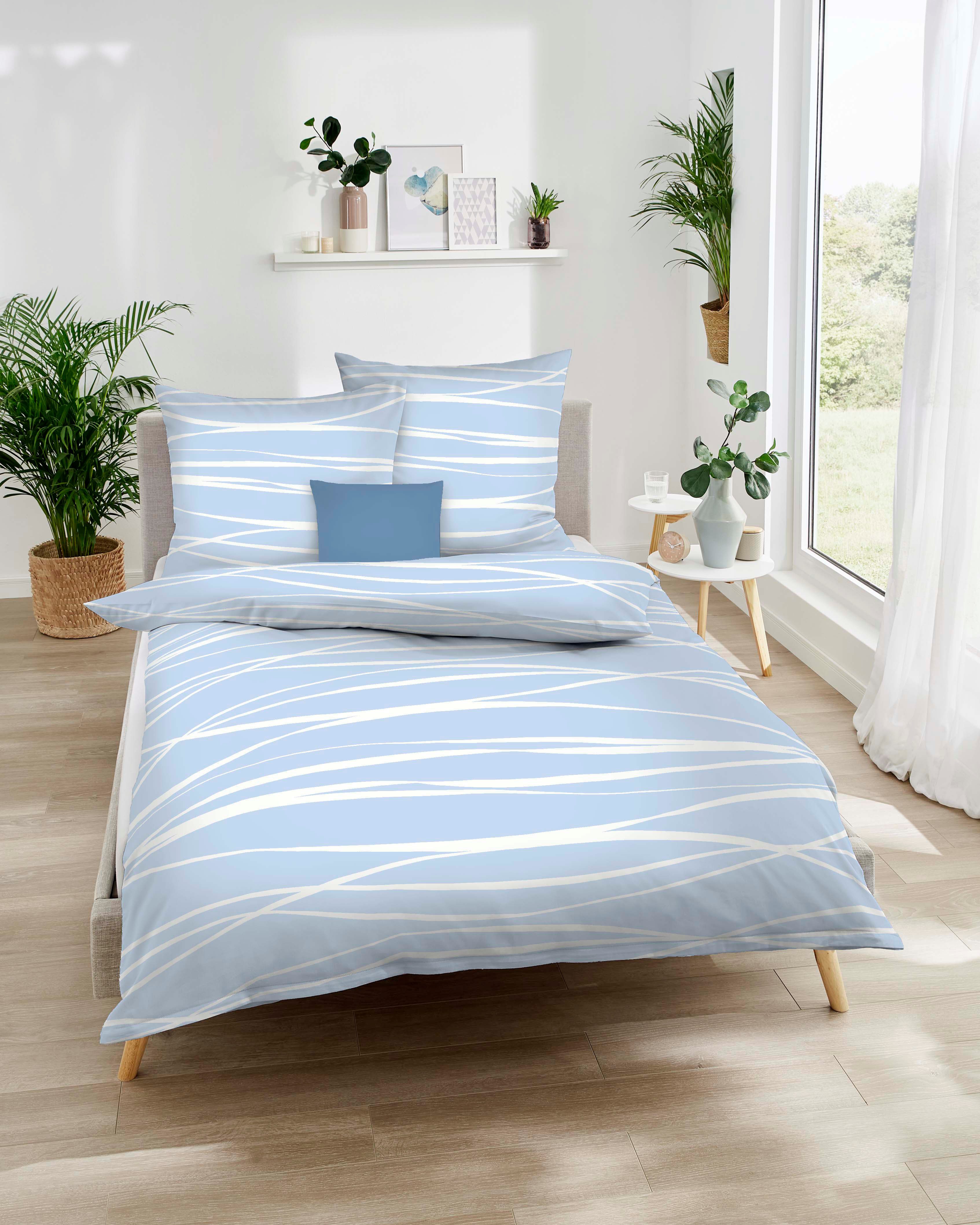Kaeppel Wendebettwäsche MOTION 100% gekämmte Baumwolle, Mako-Satin, 2 teilig, mit feinen Wellenlinien, Markenreißverschluss, Wendeoptik