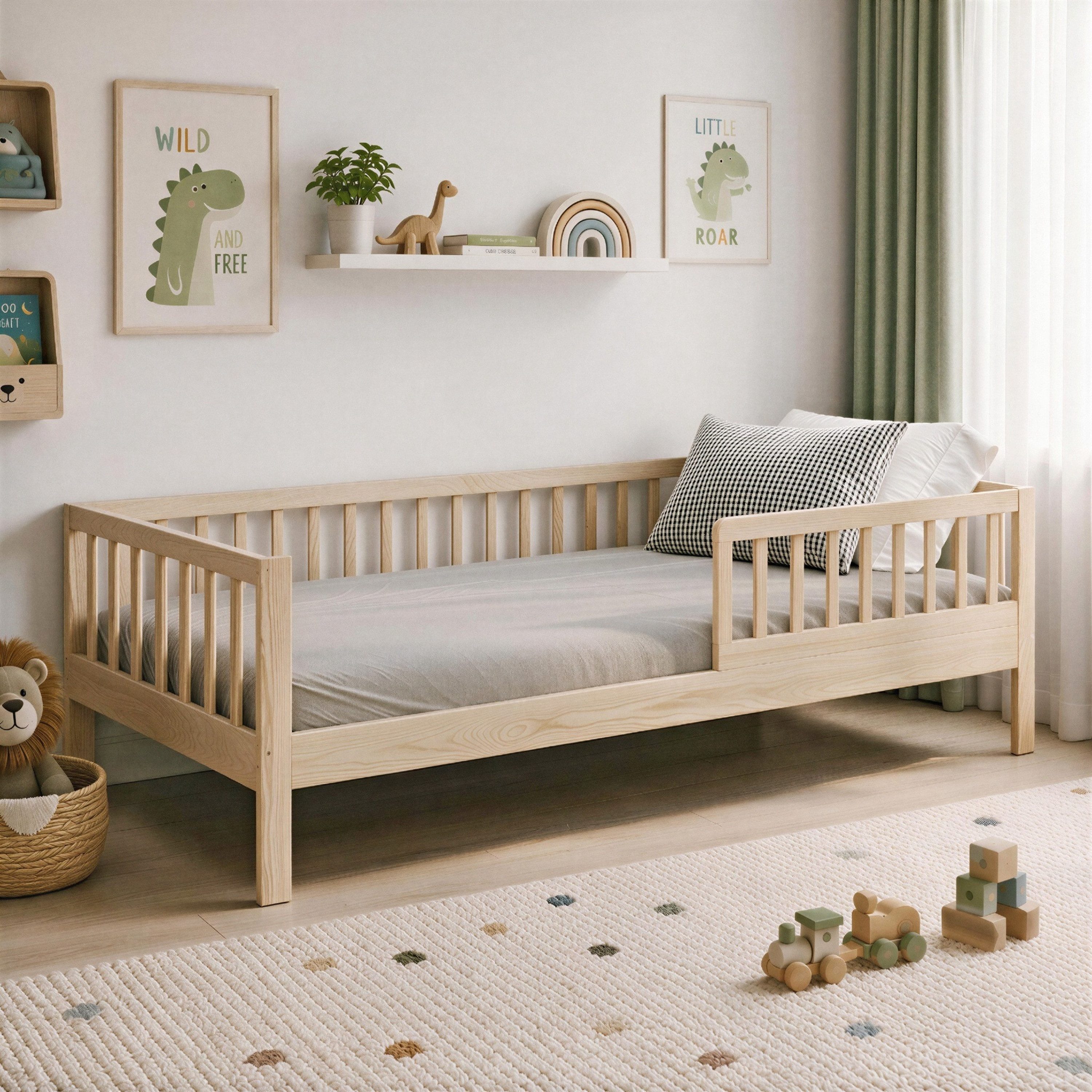 CADANI Kinderbett Nik - abnehmbarer Rausfallschutz - bis 200 kg belastbar (90x200 cm Natur, 3in1 Kinder- & Jugendbett), Bis 200 kg belastbar, inkl. Roll-Lattenrost
