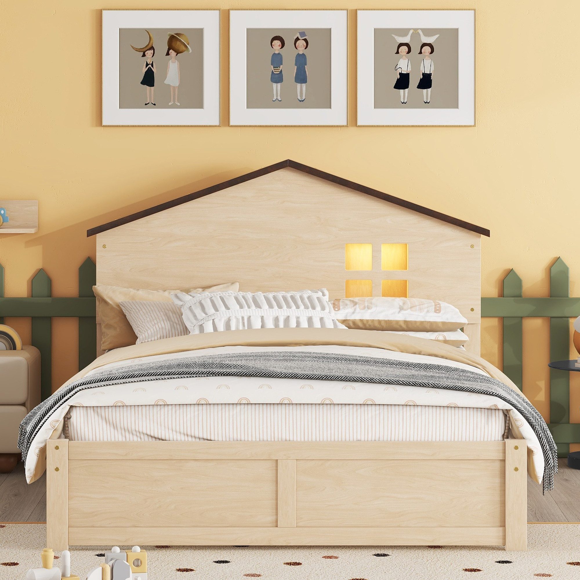 TavilaEcon Kinderbett flaches Bett mit kleine Fensterdekoration und LED-Nachtlicht, hausförmiges Holzbett, 140x200cm