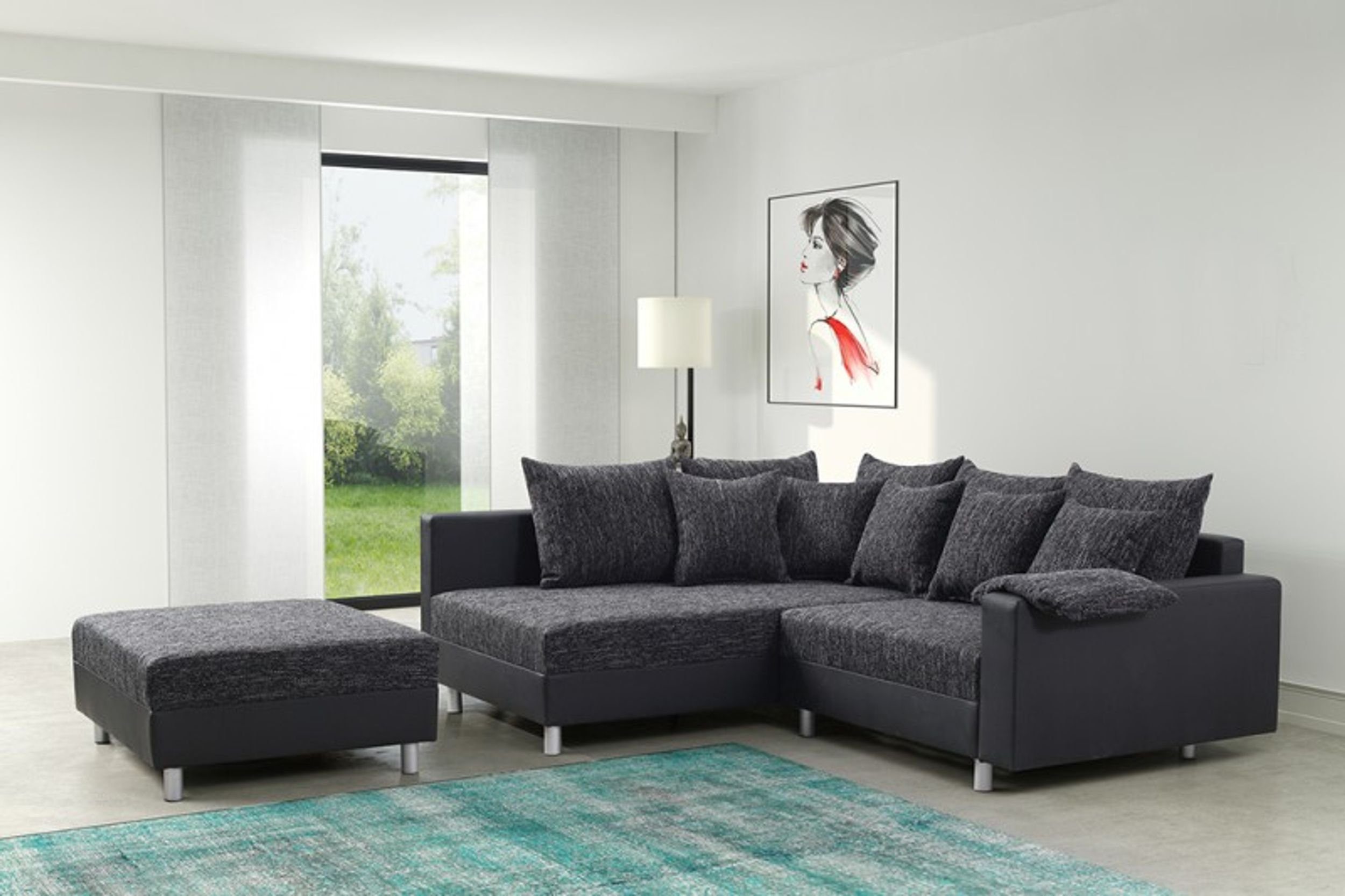 Küchen-Preisbombe Sofa Wohnlandschaft Sofa Couch Ecksofa Eckcouch schwarz Eckcouch Minsk OT L, Ecksofa + Hocker