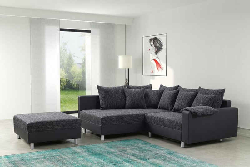 Küchen-Preisbombe Sofa »Modernes Sofa Couch Ecksofa Eckcouch in schwarz Eckcouch mit Hocker - Minsk L«, Ecksofa + Hocker