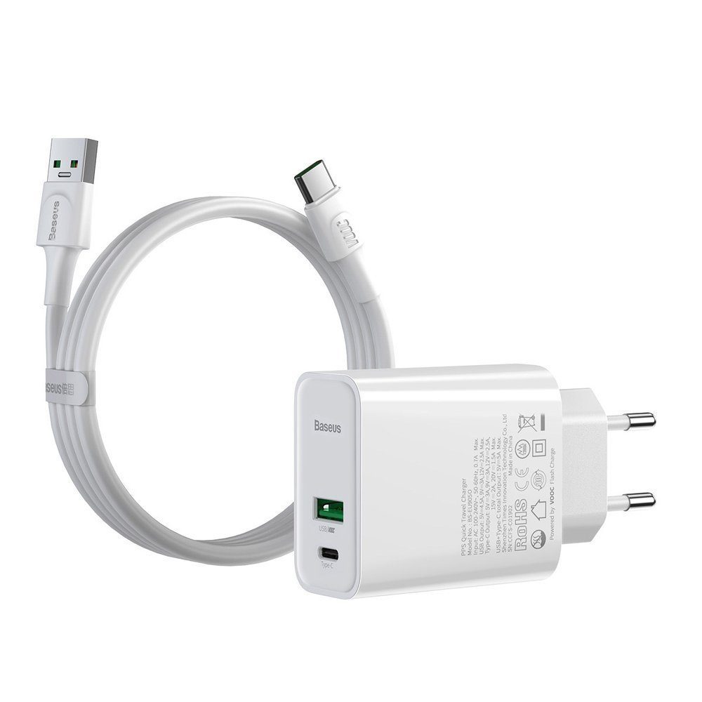 Baseus »Ladegerät USB / USB Typ C VOOC Quick Charge 4.0+ Power Delivery 3.0  + Kabel USB - USB Typ C 1m Schnell-Ladegerät weiß« Smartphone-Ladegerät  online kaufen | OTTO