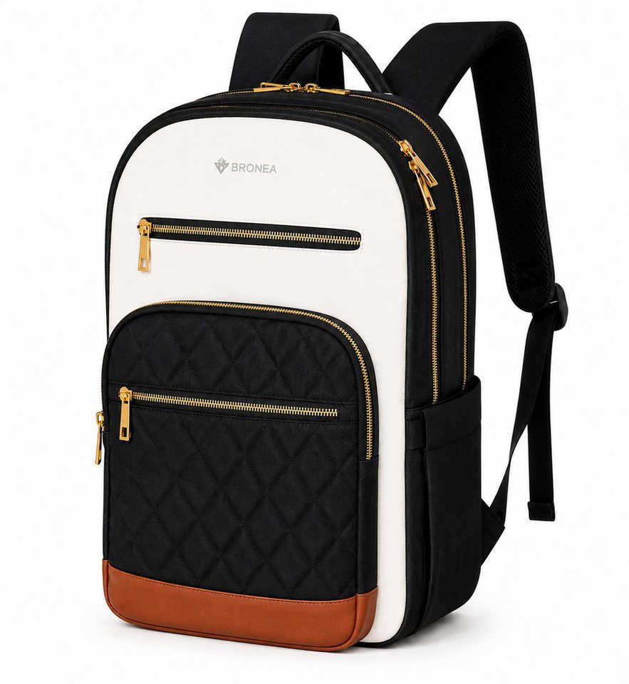 Bronea Cityrucksack CITY TRAVEL Rucksack Damen Herren – 15,6 Zoll Laptopfach (Farbe off-white oder schwarz/off-white, Viel Platz. Clever organisiert. Stilvoll unterwegs), Twill Polyester, viele Fächer, gepolsterte Gurte & Ladeanschluss