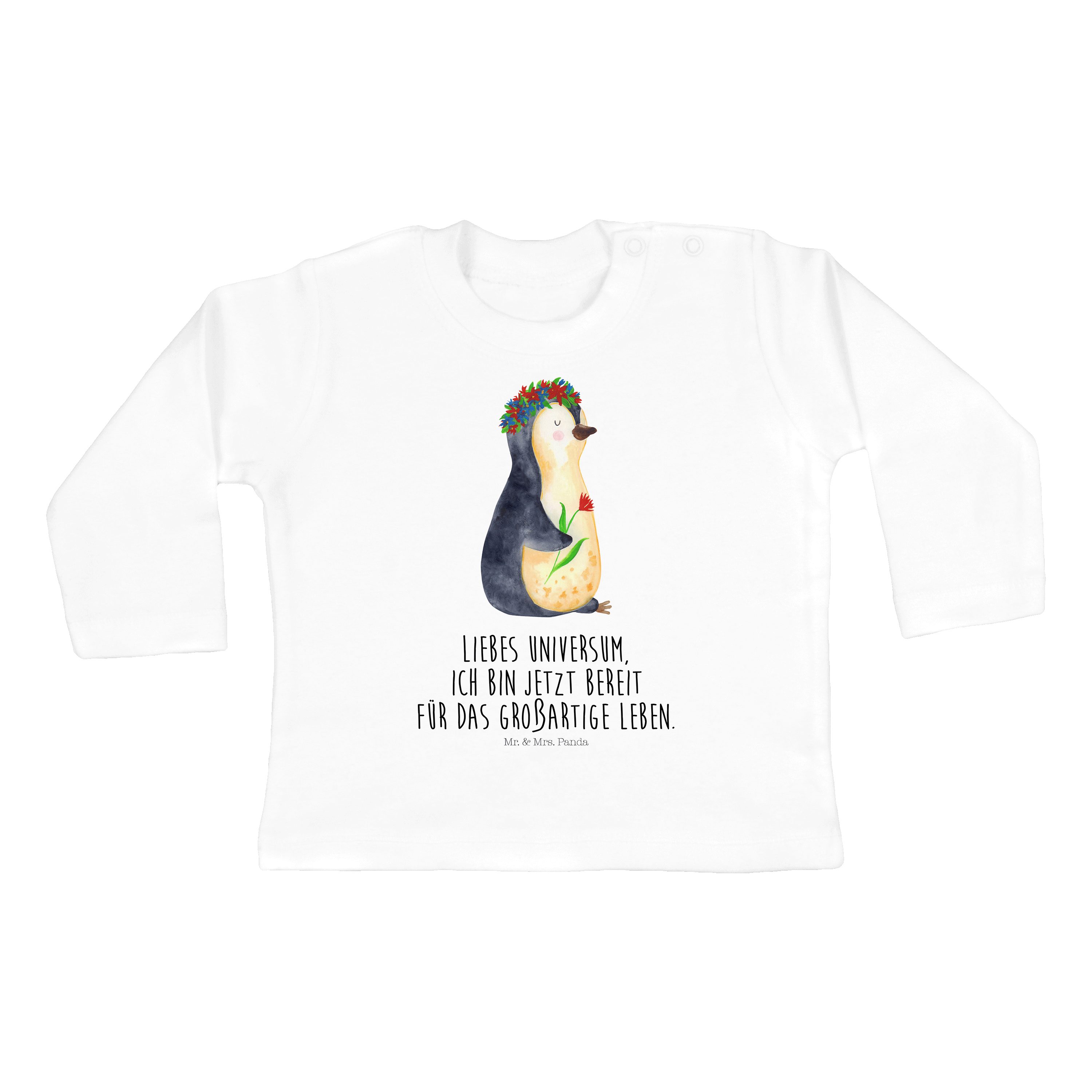 Mr. & Mrs. Panda Pinguin Blumenkranz Blumen Motivation, (1-tlg) Strampler - Geschenk, Weiß Longsleeve, 