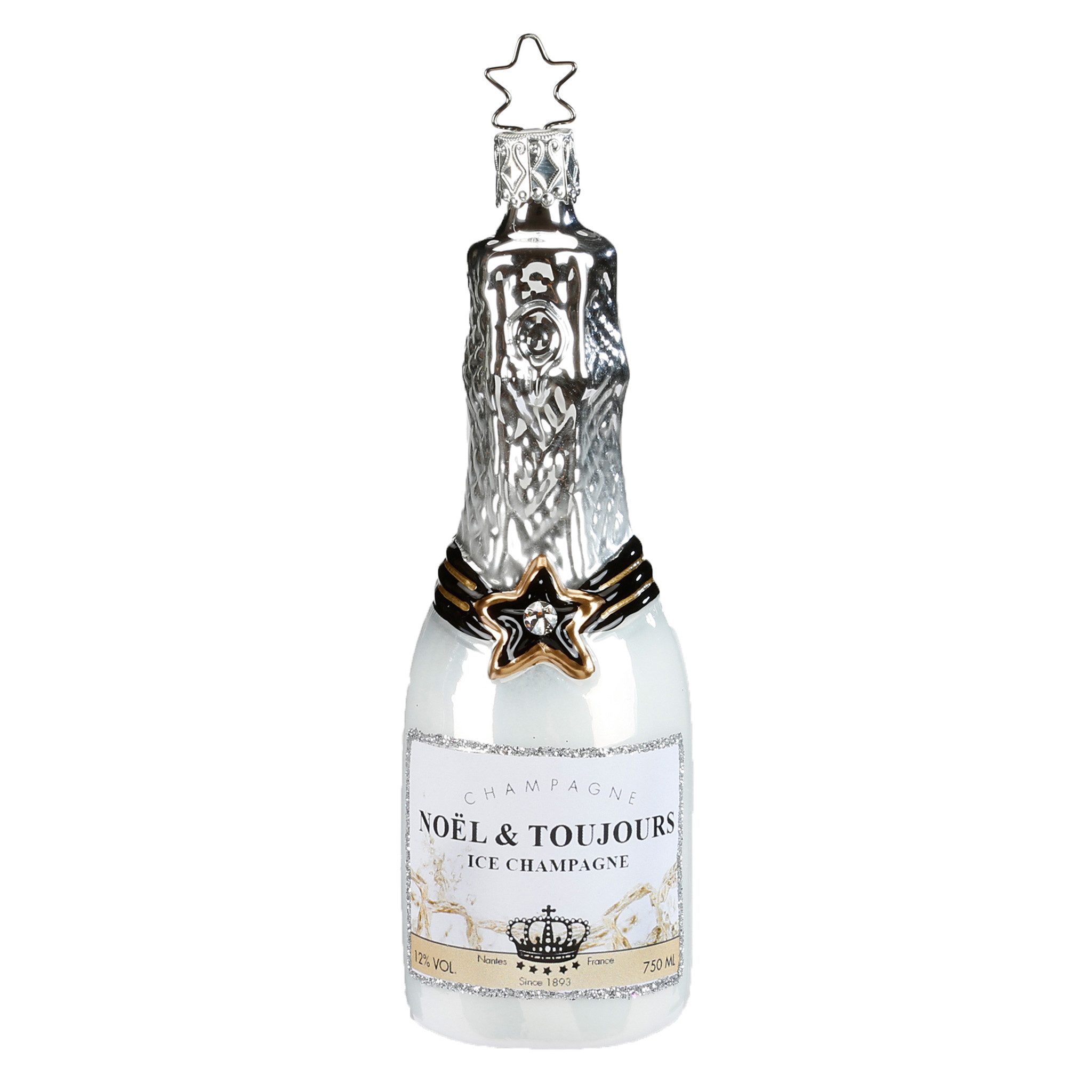 INGE-GLAS® Christbaumschmuck, Christbaumschmuck Ice Champagne Flasche Glas 12.5cm weiß, 1 Stück