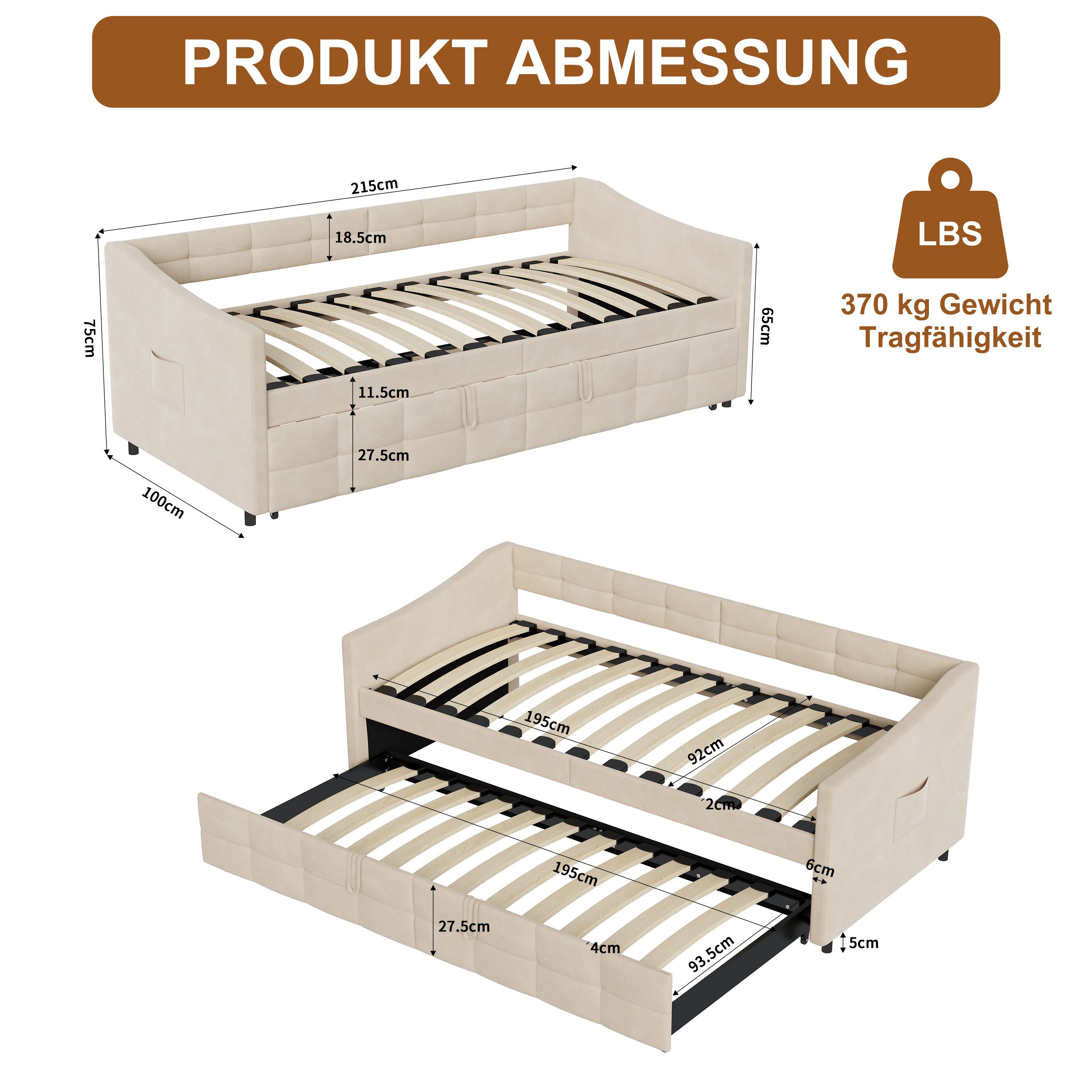 zebery Schlafsofa Polsterbett Daybett Tagesbett Mit Aufbewahrungsbeutel, Set 1 Teile, 90x200 cm,Ausziehbares Bettgestell,Multifunktionsbett,Samtstoff,Beige