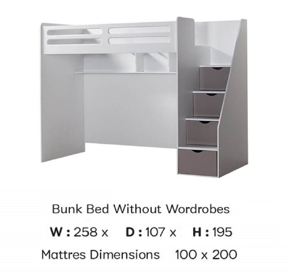 inkl. Treppenregal grau Hochbett mit Etagenbett Schreibtisch Smart und Möbel-Zeit Kleiderschrank