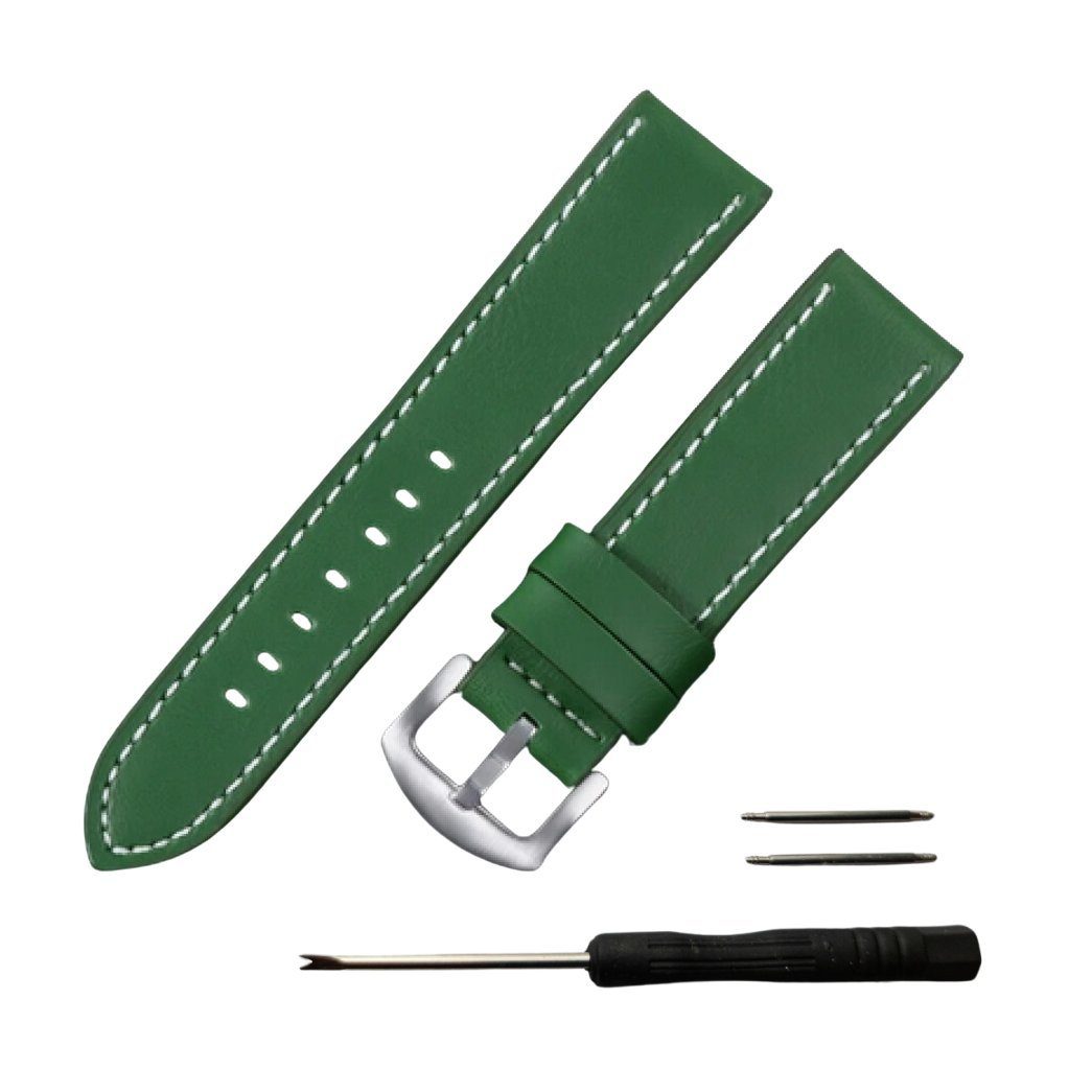 Ware aus aller Welt Uhrenarmband 22mm Leder grün mit weisser Naht + Gratis Werkzeug und Federstege