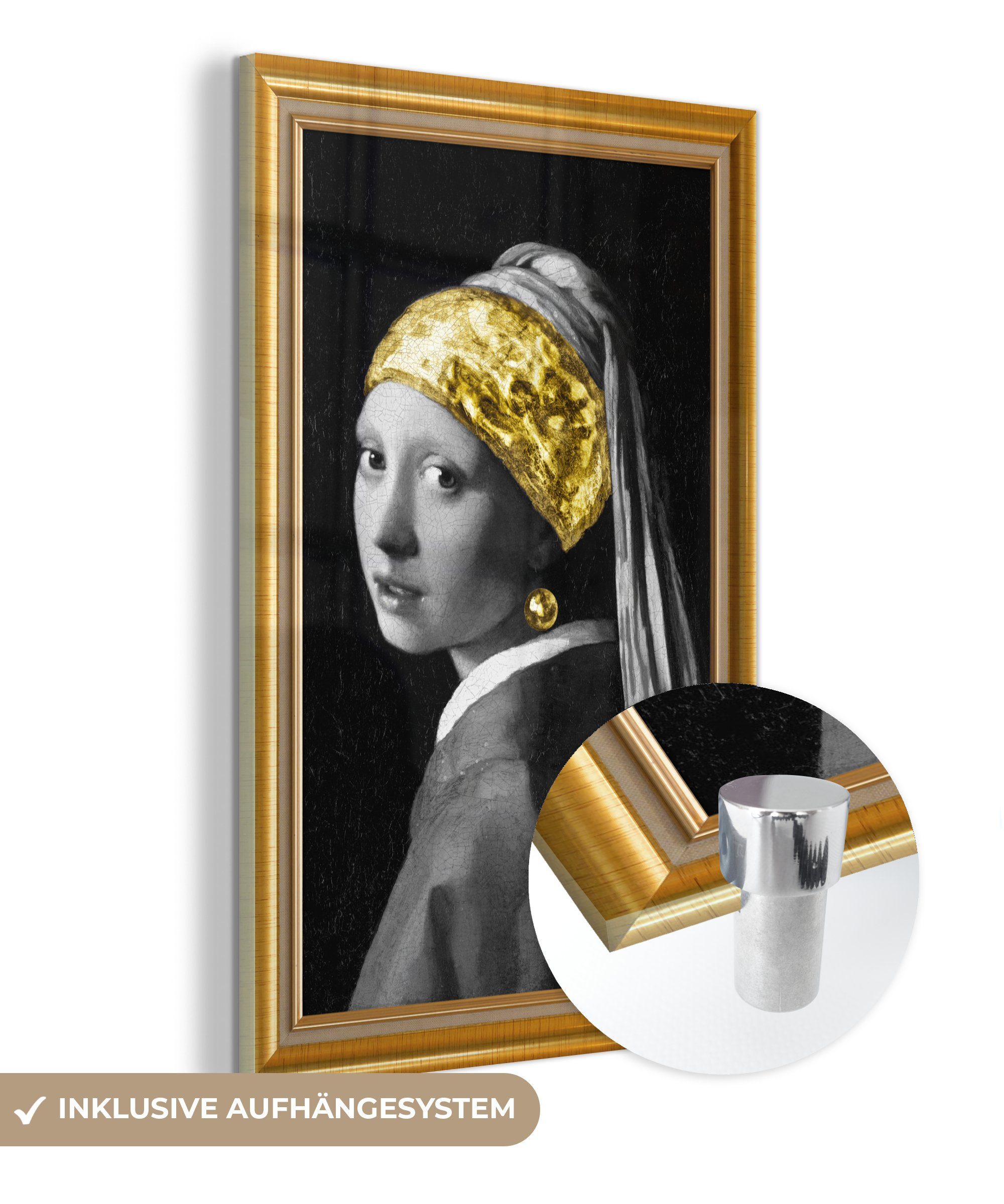 MuchoWow Acrylglasbild Mädchen mit Perlenohrring - Vermeer - Gold - Rahmen, (1 St), Glasbilder - Bilder auf Glas Wandbild - Foto auf Glas - Wanddekoration