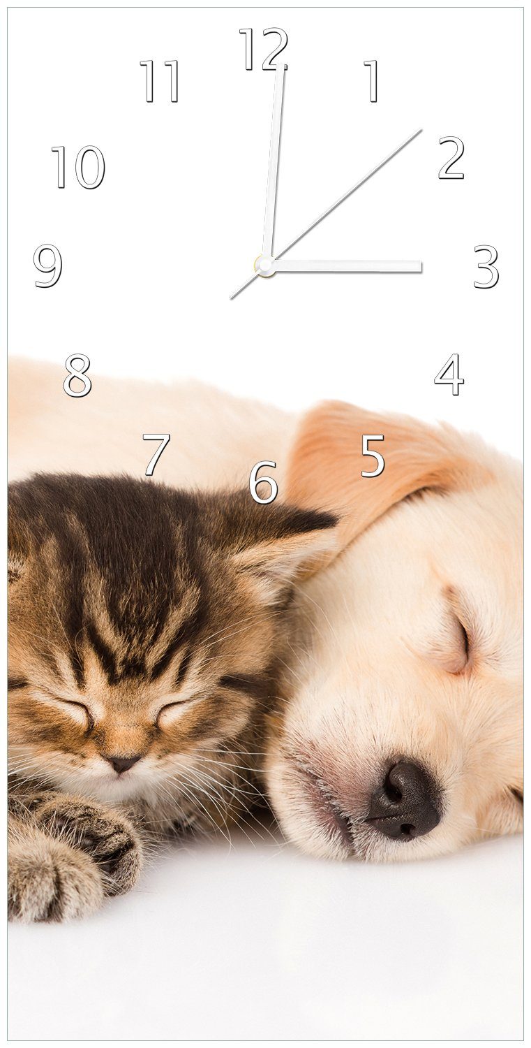 Wallario Wanduhr Katze und Hund in Harmonie - Kuschelnde Tiere (Uhr aus Acryl)
