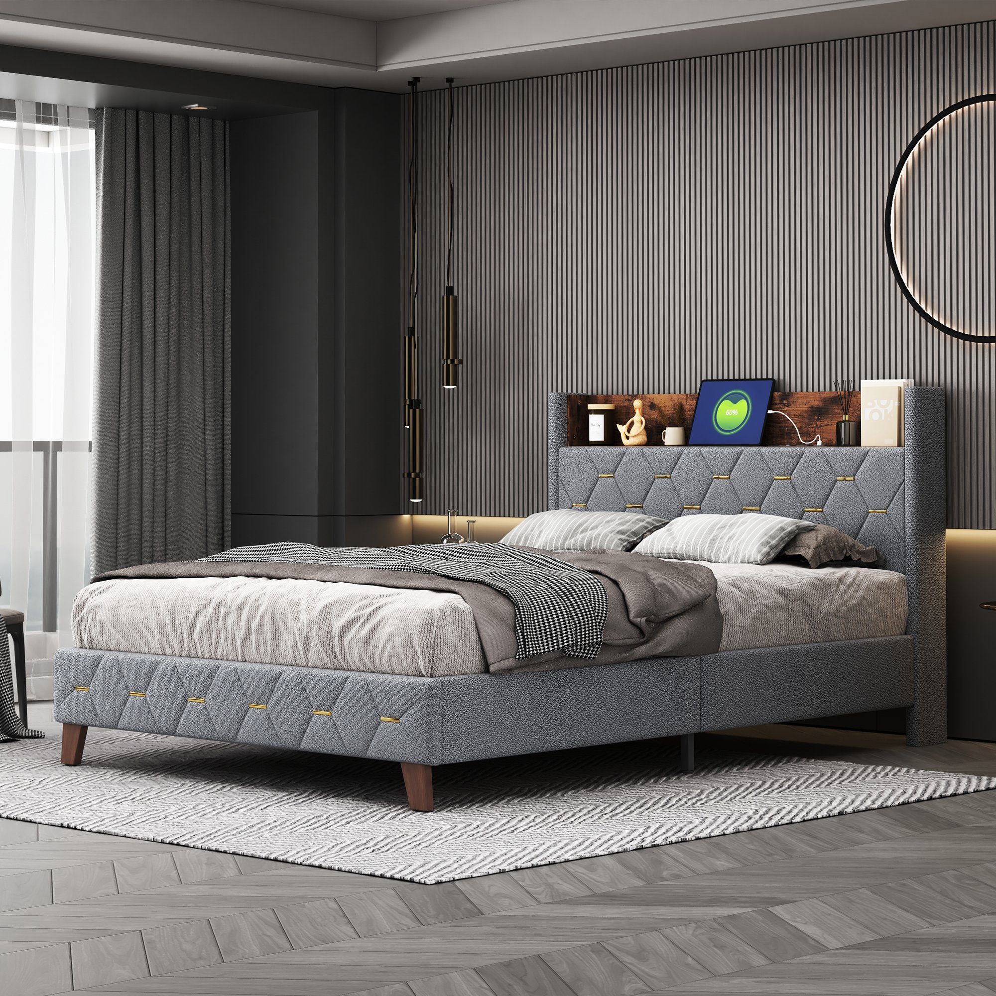Polsterbett (Doppelbett 140x200cm mit Lattenrost), mit Stauraum am Kopfteil und USB-Anschluss, Bezug aus Samt