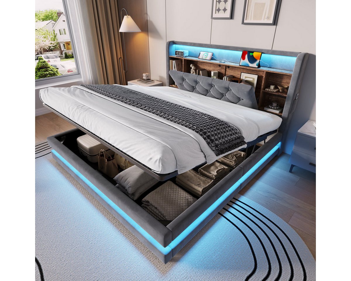 Odikalo Polsterbett 140x200 160x200 180x200 mit Bettkasten LED 2 USB- & Type-C (Samtbett mit multifunktionalem Kopfteil, Hydraulik, Lattenrost und offenen Ablagen)
