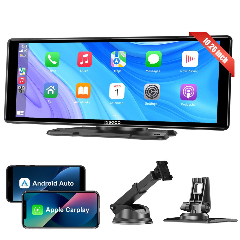 ESSGOO Rückfahrkamera Funk Kabellos Carplay 10.26'' Farb Tragbar Monitor KFZ Autoradio (Apple Carplay Android Auto WIFI BT)