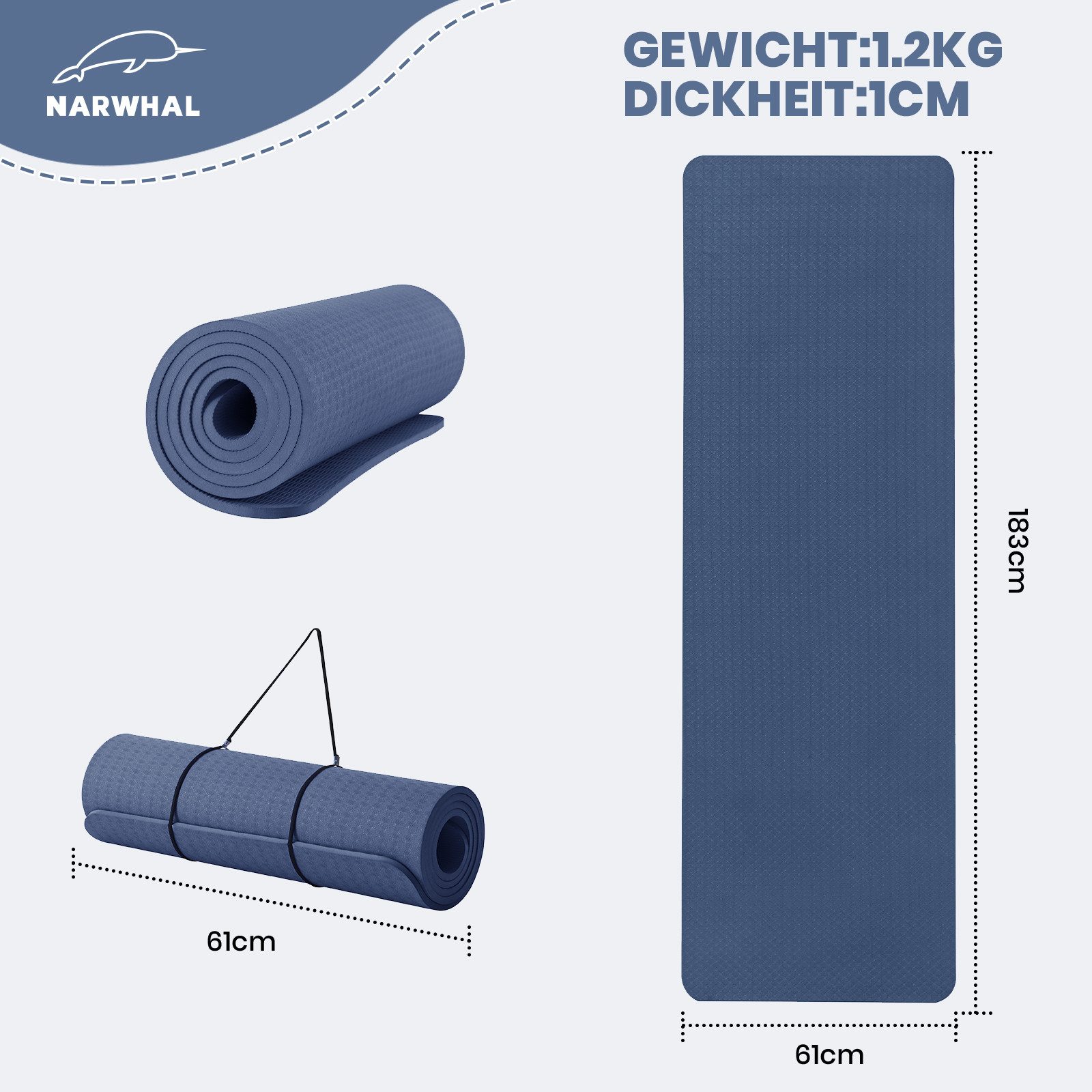 Good Nite Yogamatte Gymnastikmatten mit Tragegurt – 10 mm dick, 183x61 cm (1-St), rutschfest, komfortabel, 183x61x1 cm – Bild 5 von 5