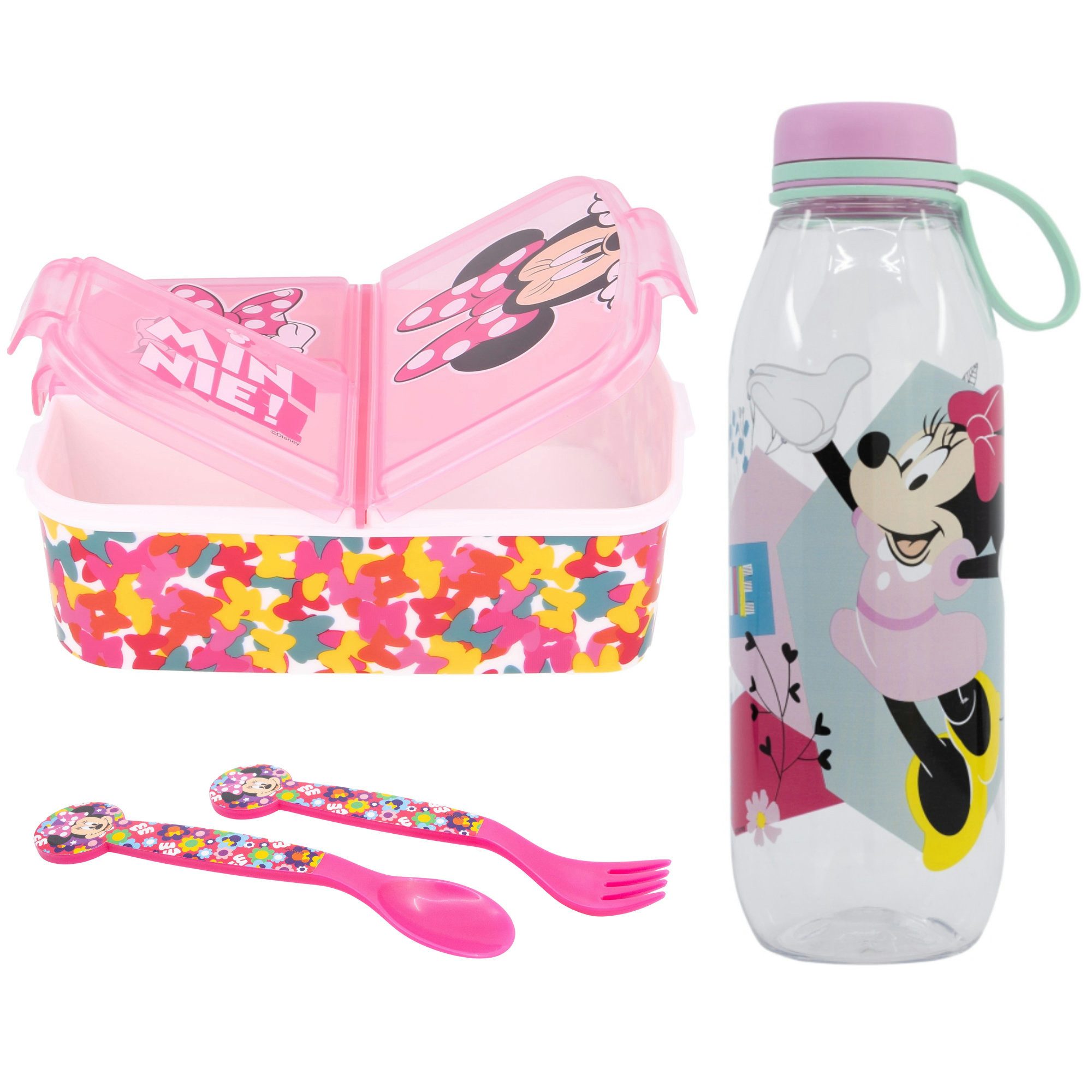Disney Lunchbox Disney Minnie Maus 4 tlg Lunch Set Brotdose Trinkflasche Besteck, (4-tlg., Spar-Set), 650 ml