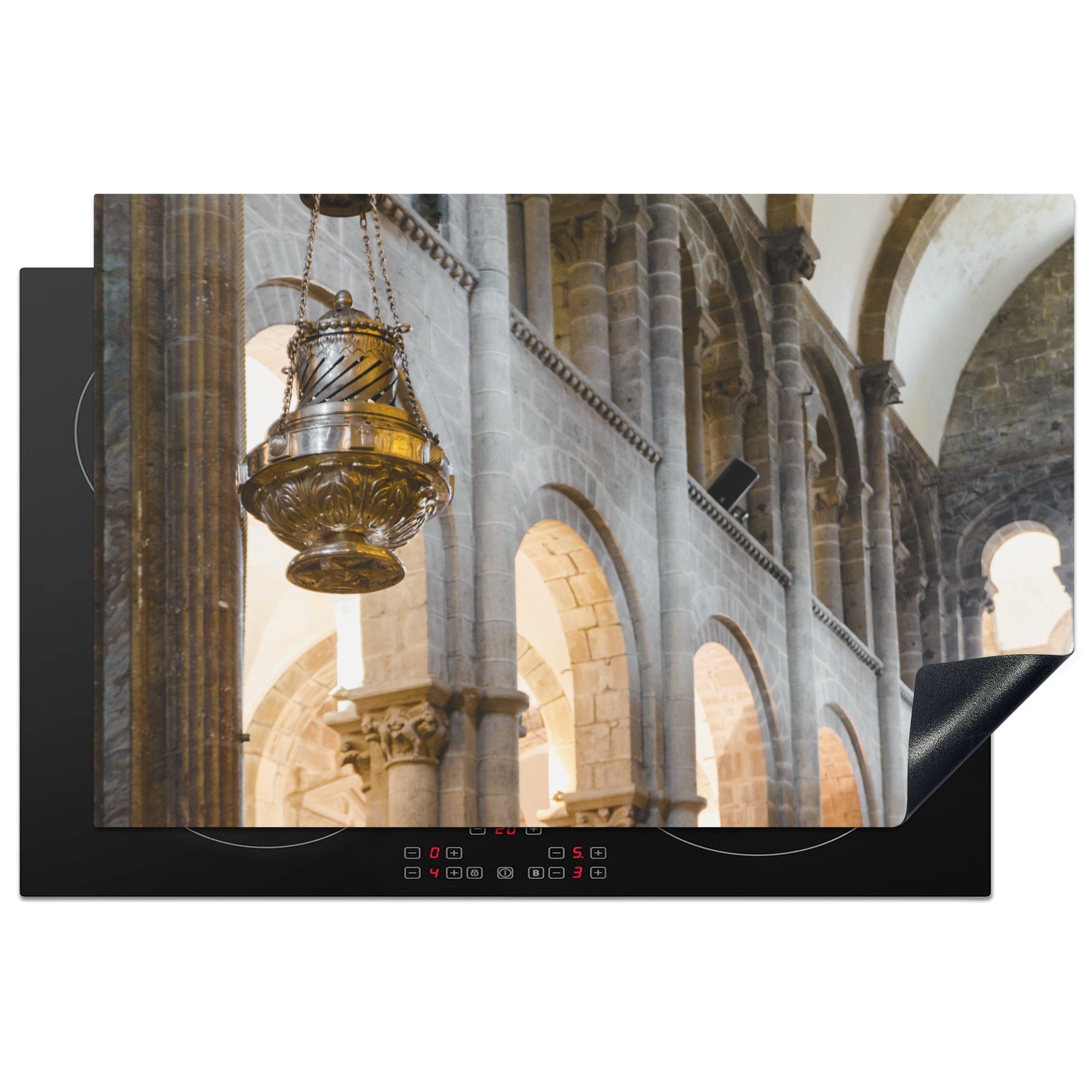 MuchoWow Herdblende-/Abdeckplatte Goldener Botafumeiro der Kathedrale von Santiago de Compostela, Vinyl, (1 tlg), 81x52 cm, Induktionskochfeld Schutz für die küche, Ceranfeldabdeckung