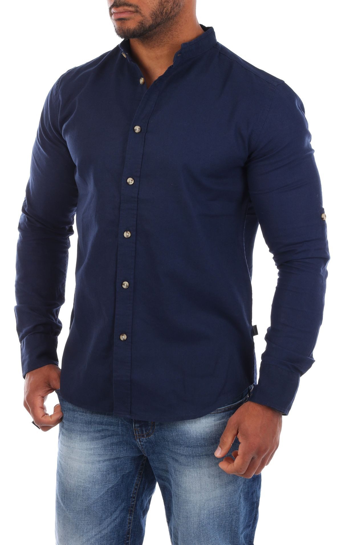 CARISMA Langarmhemd Herren Leinen Baumwoll Mix Hemd 8389 Regular Langarm Stehkragen Uni