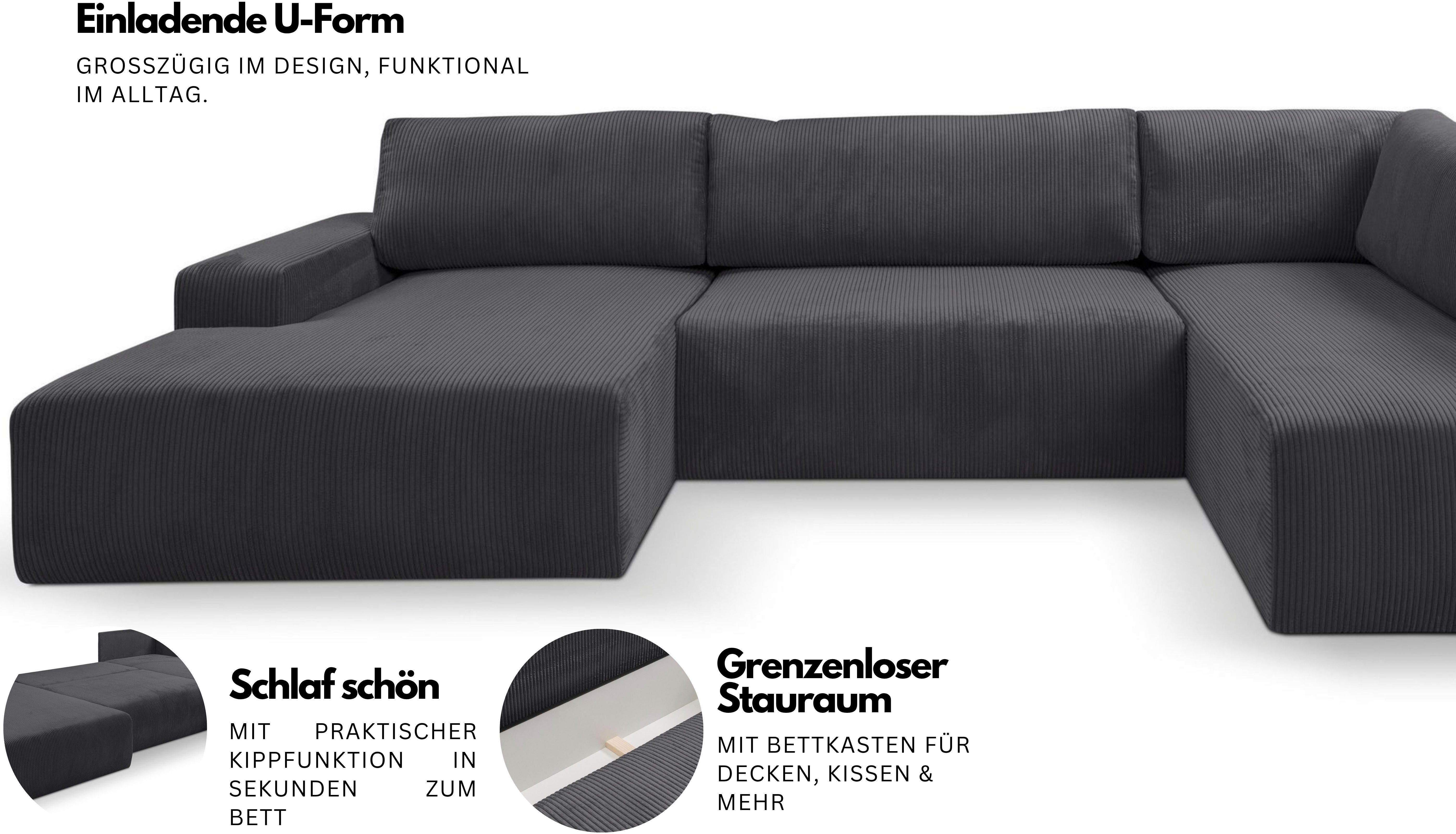 WERK2 Wohnlandschaft Rotterdam, U-Form, in kuschelweichem Cord oder Breitcord. Breite 329cm, Design Sofa mit Schlaffunktion & Bettkasten, Cord, Natur