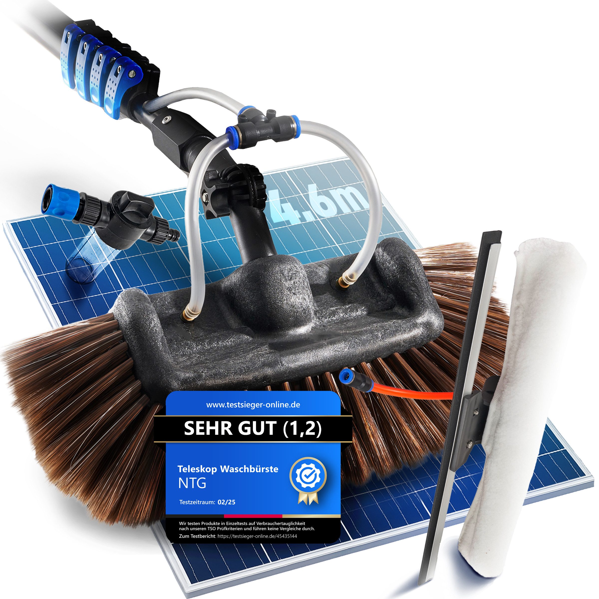 NTG Nutzfahrzeug Technik GmbH Reinigungsbürste Teleskopwaschbürste 3,6m, 4,6m, 7m +Mikrofasertuch & Abzieher, Für Fenster, Solar und Fahrzeuge