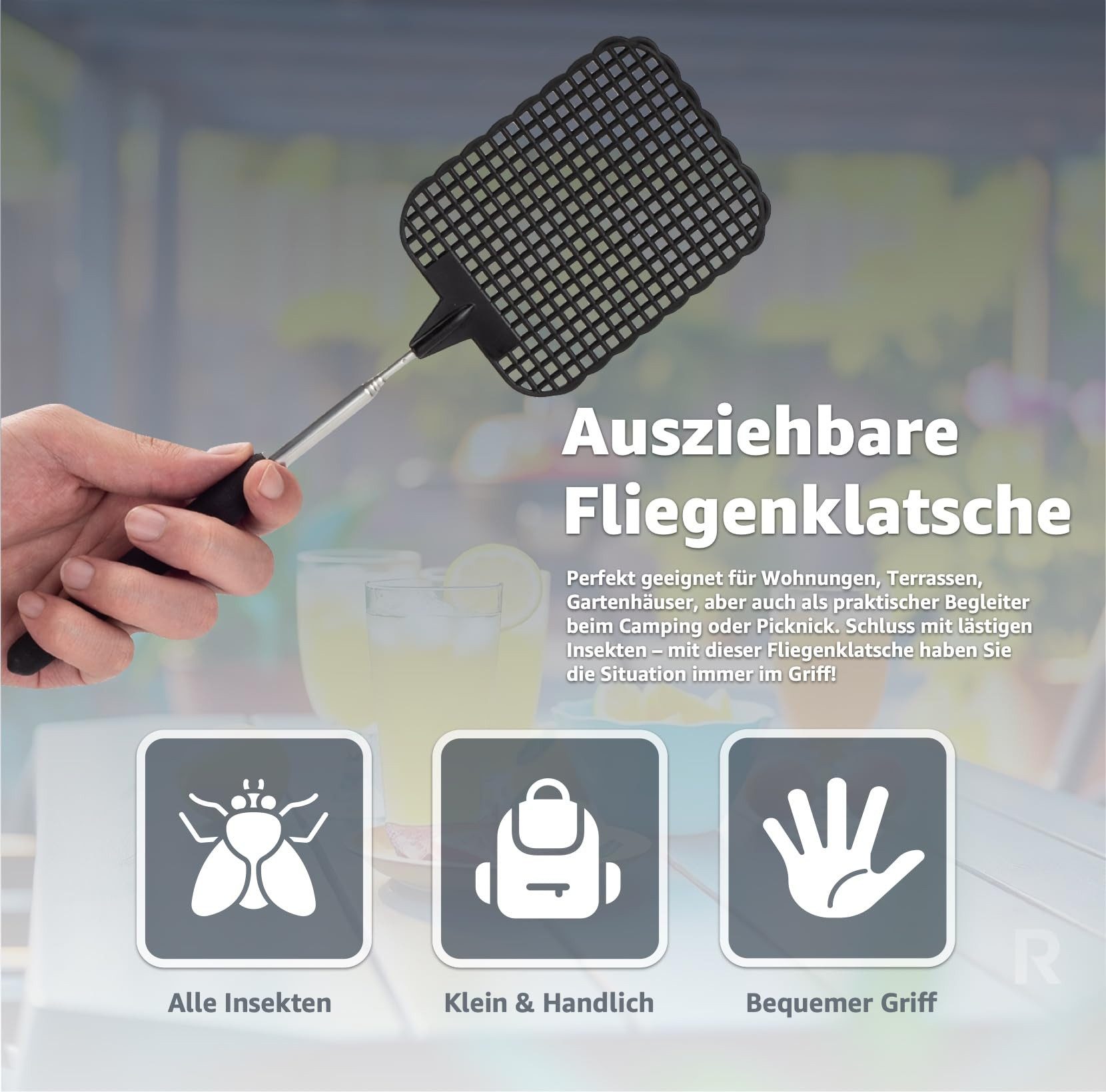 Gartiva® Fliegenklatsche 2er XXL Fliegenklatsche Set - ausziehbar - Teleskop Klatsche, ausziehbar von 27cm bis 73cm